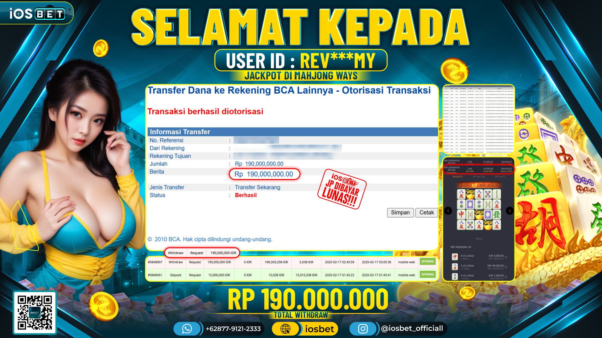 Bukti Pembayaran LUNAS SLOT GAME GACOR Rp.190.000.000,-