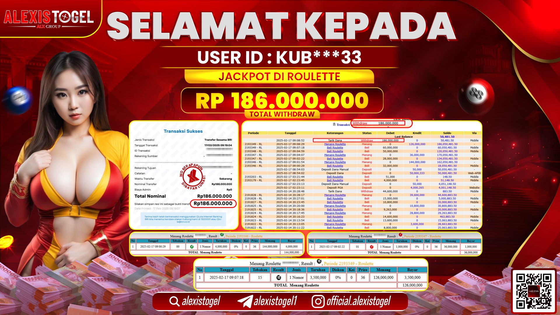 ALEXISTOGEL di CASINO ROULETTE RP.186.000.000 LUNAS