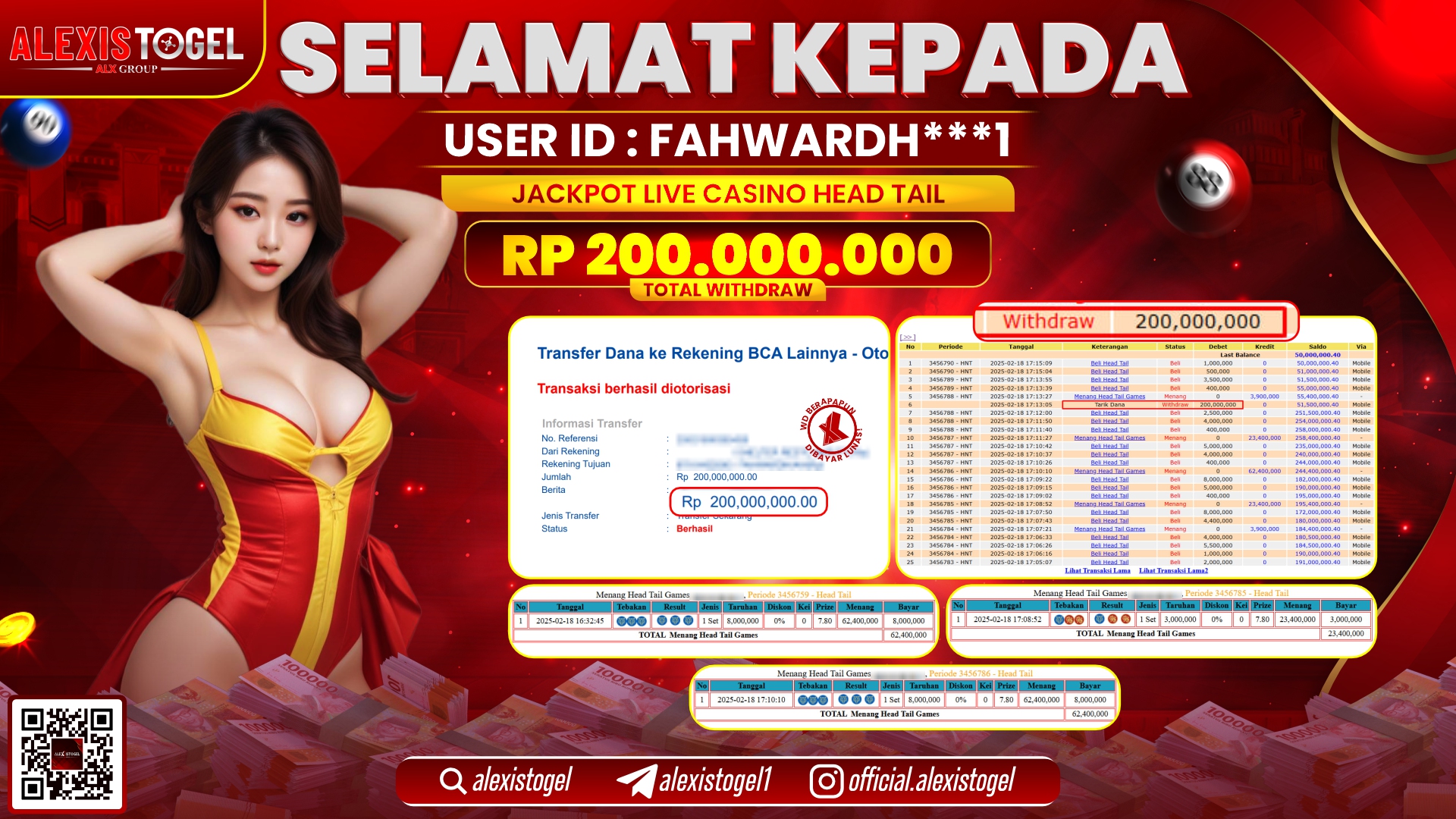 ALEXISTOGEL di LIVE CASINO HEAD TAIL RP.200.000.000 LUNAS