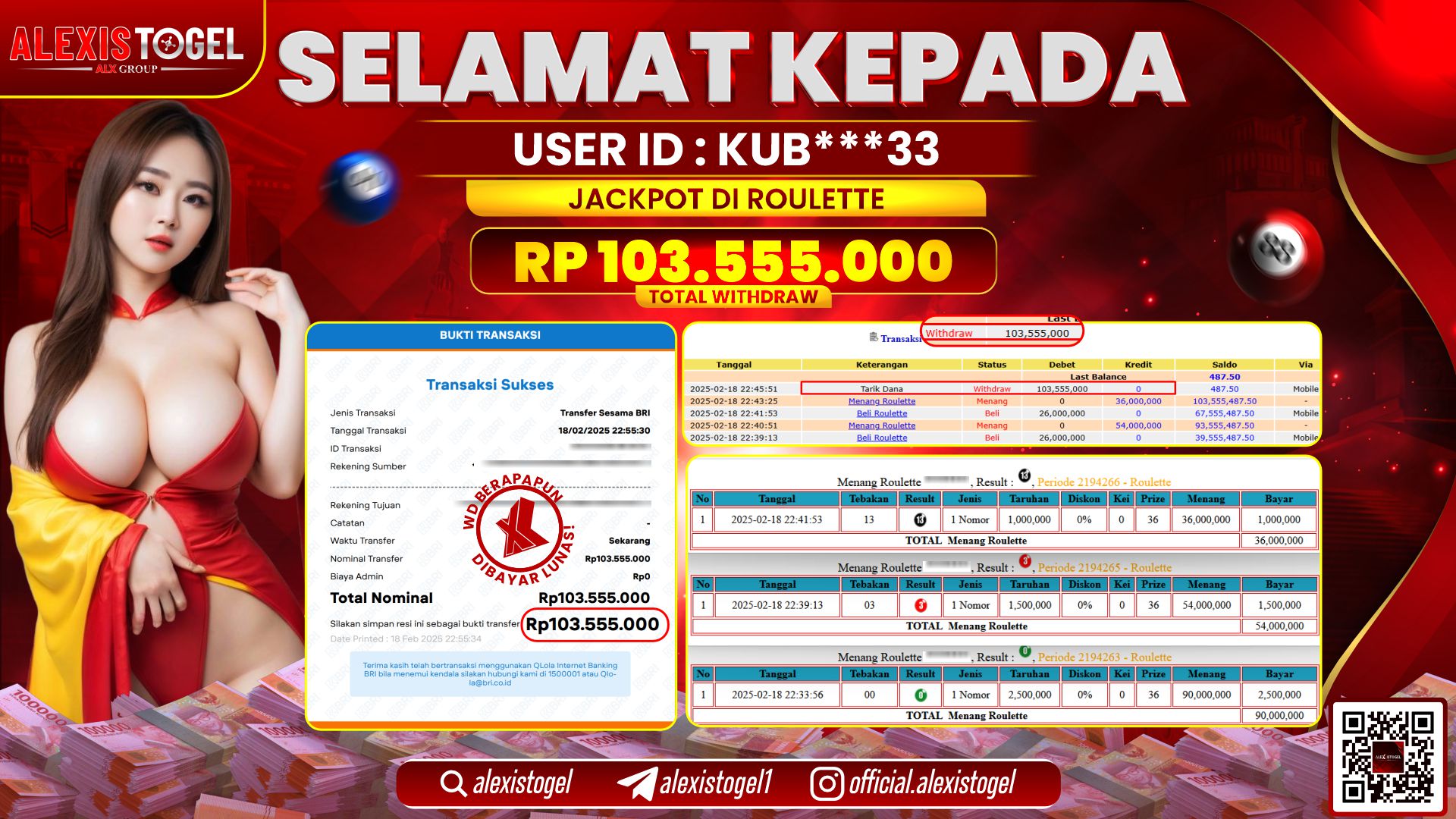 ALEXISTOGEL di CASINO ROULETTE RP.103.555.000 LUNAS