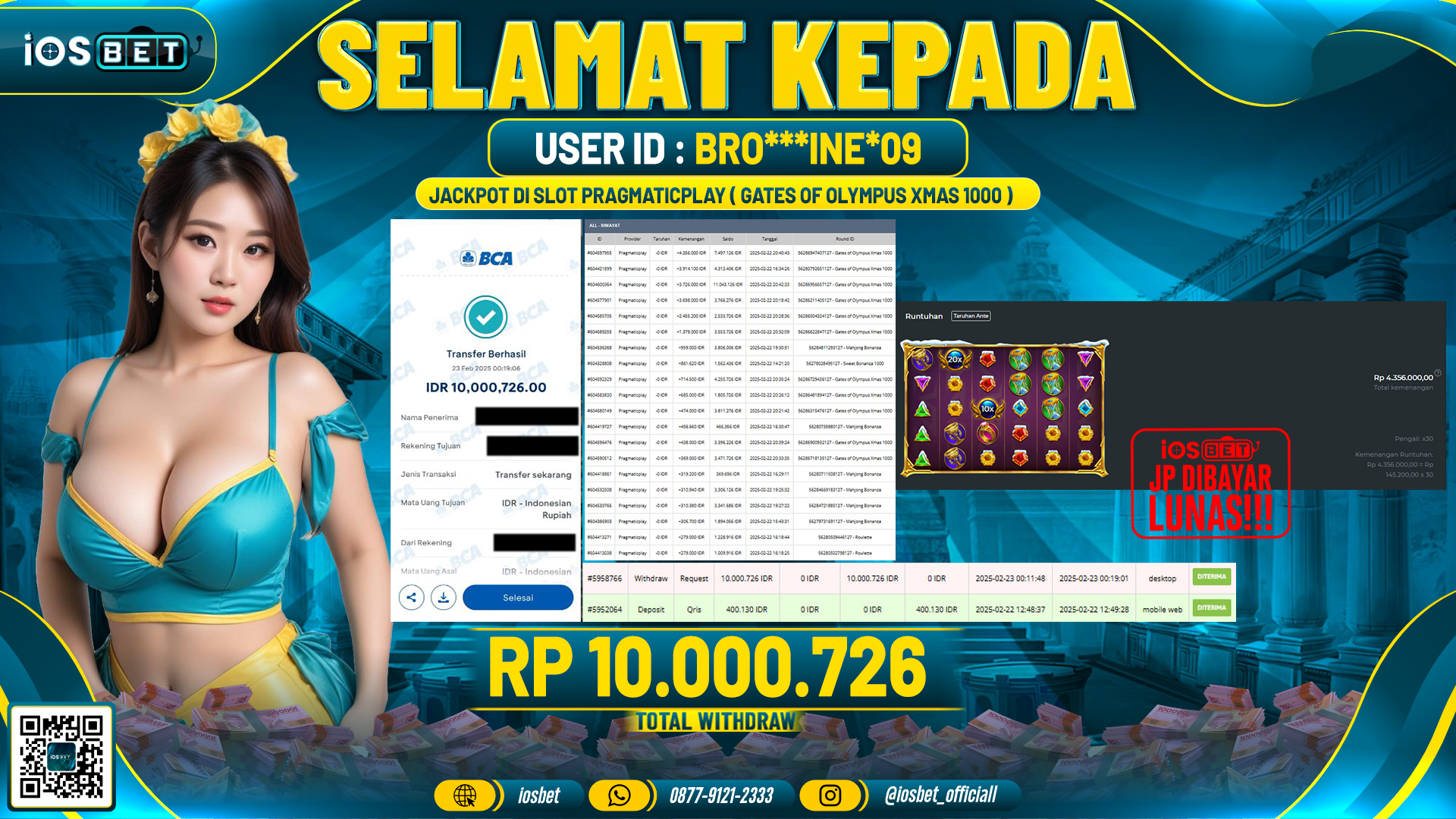 Bukti Pembayaran LUNAS SLOT GAME GACOR Rp.10.000.726,-