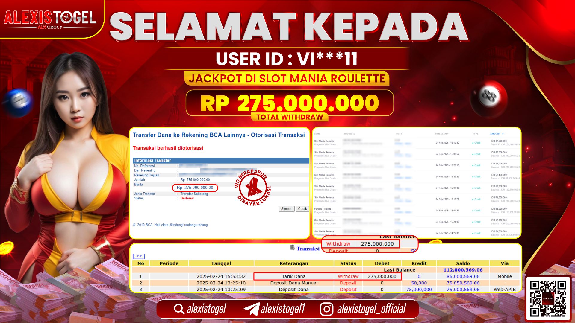 ALEXISTOGEL di SLOT MANIA ROULETTE RP.275.000.000 LUNAS