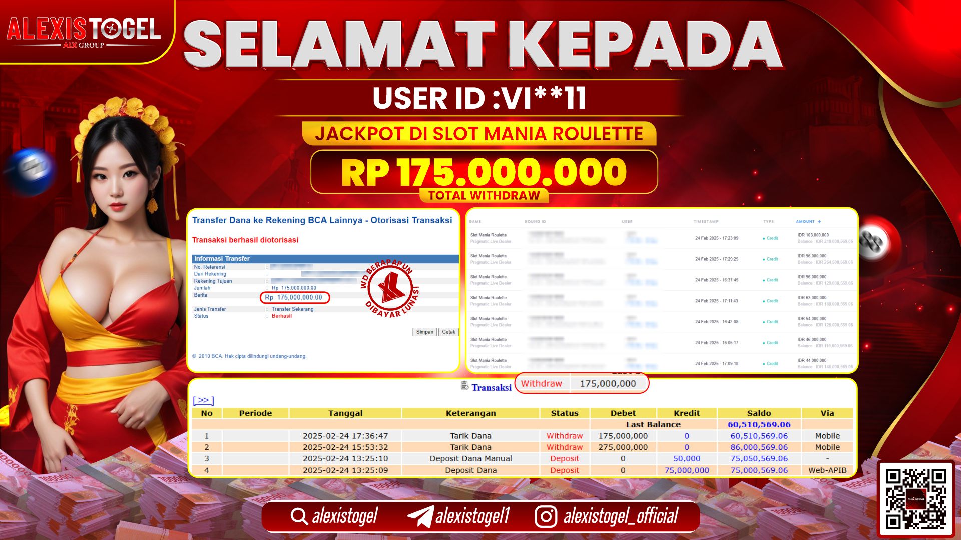 ALEXISTOGEL di SLOT MANIA ROULETTE RP.175.000.000 LUNAS