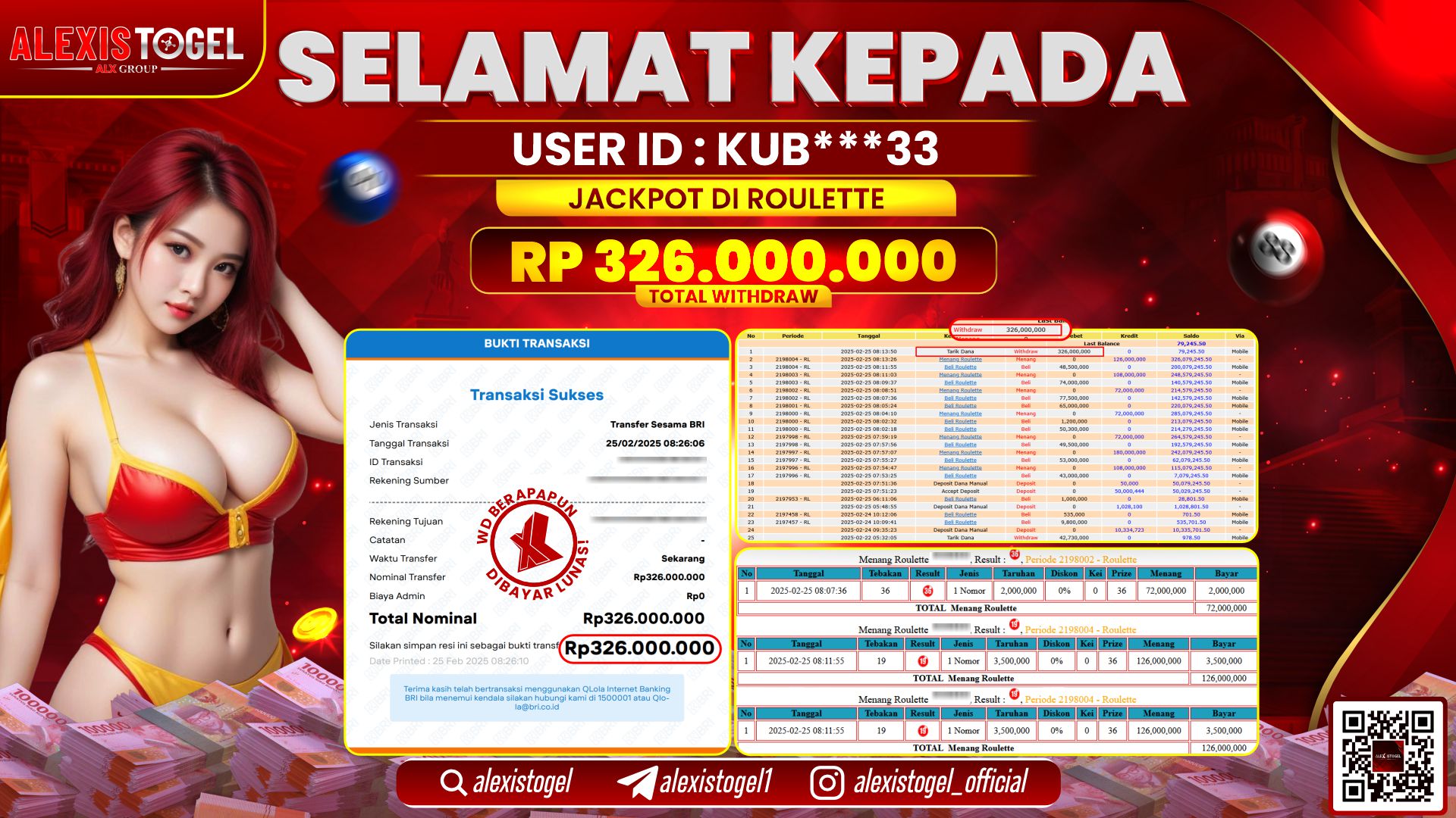 ALEXISTOGEL di CASINO ROULETTE RP.326.000.000 LUNAS