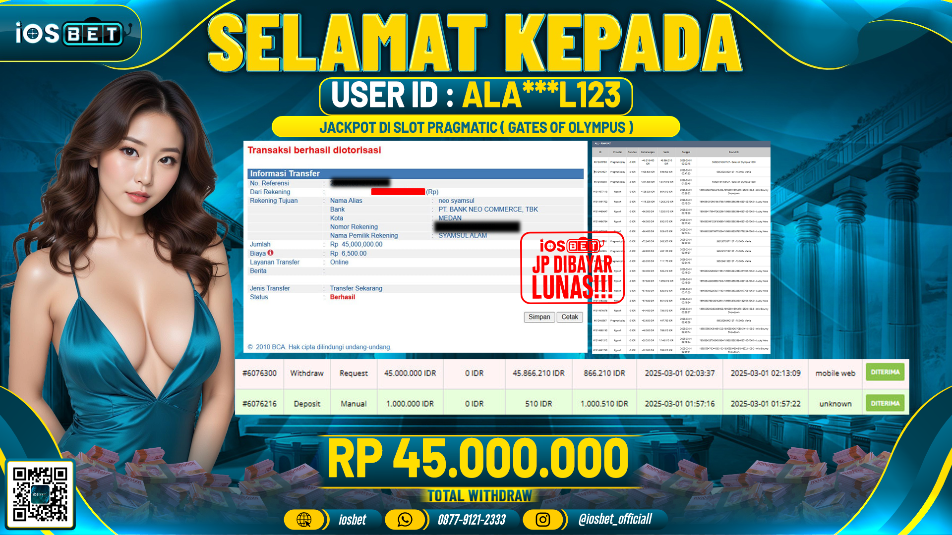 Bukti Pembayaran LUNAS SLOT GAME GACOR Rp.45.000.000,-
