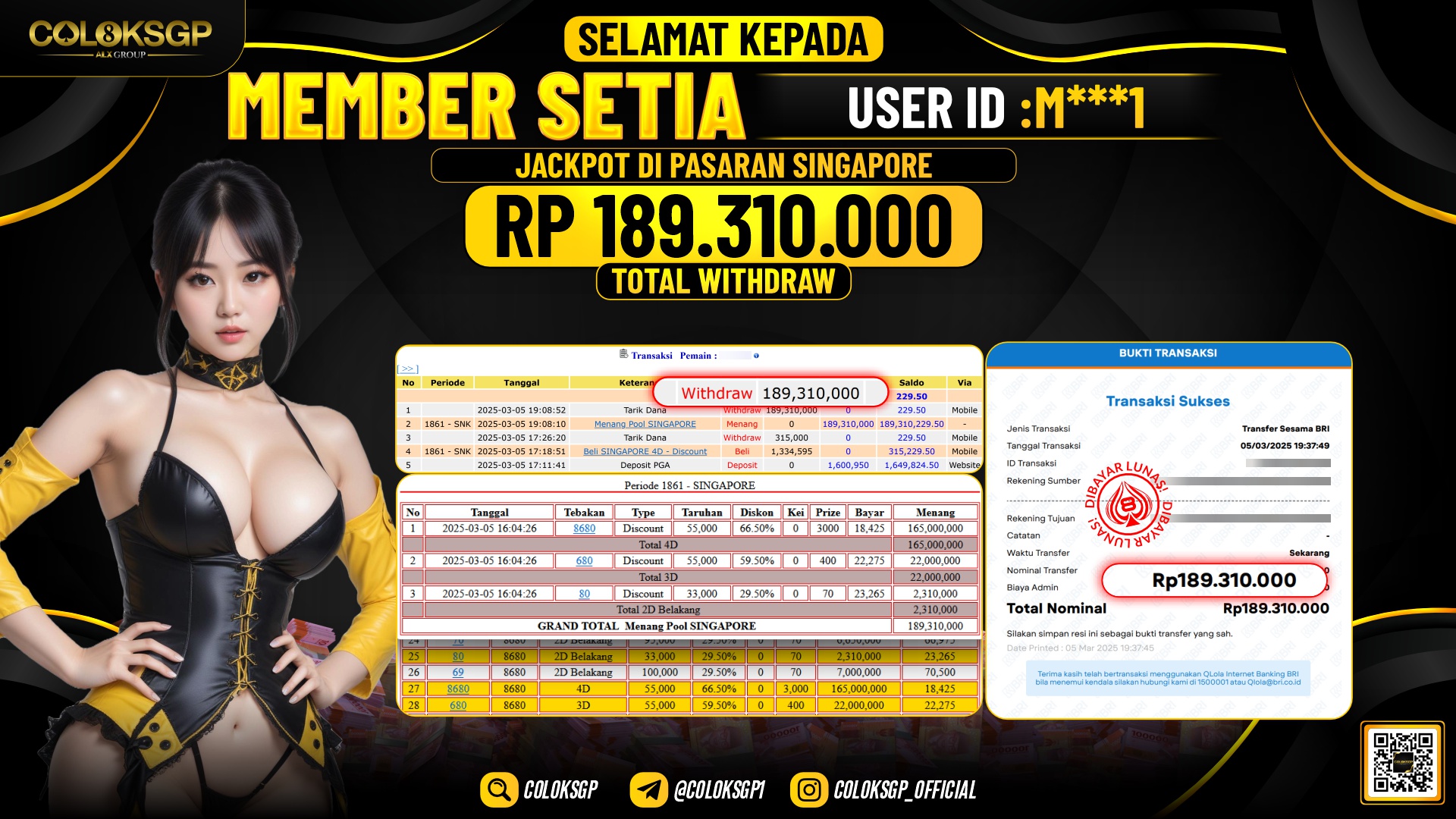 COLOKSGP JACKPOT SINGAPORE POOLS RP 189.310.000 LUNAS