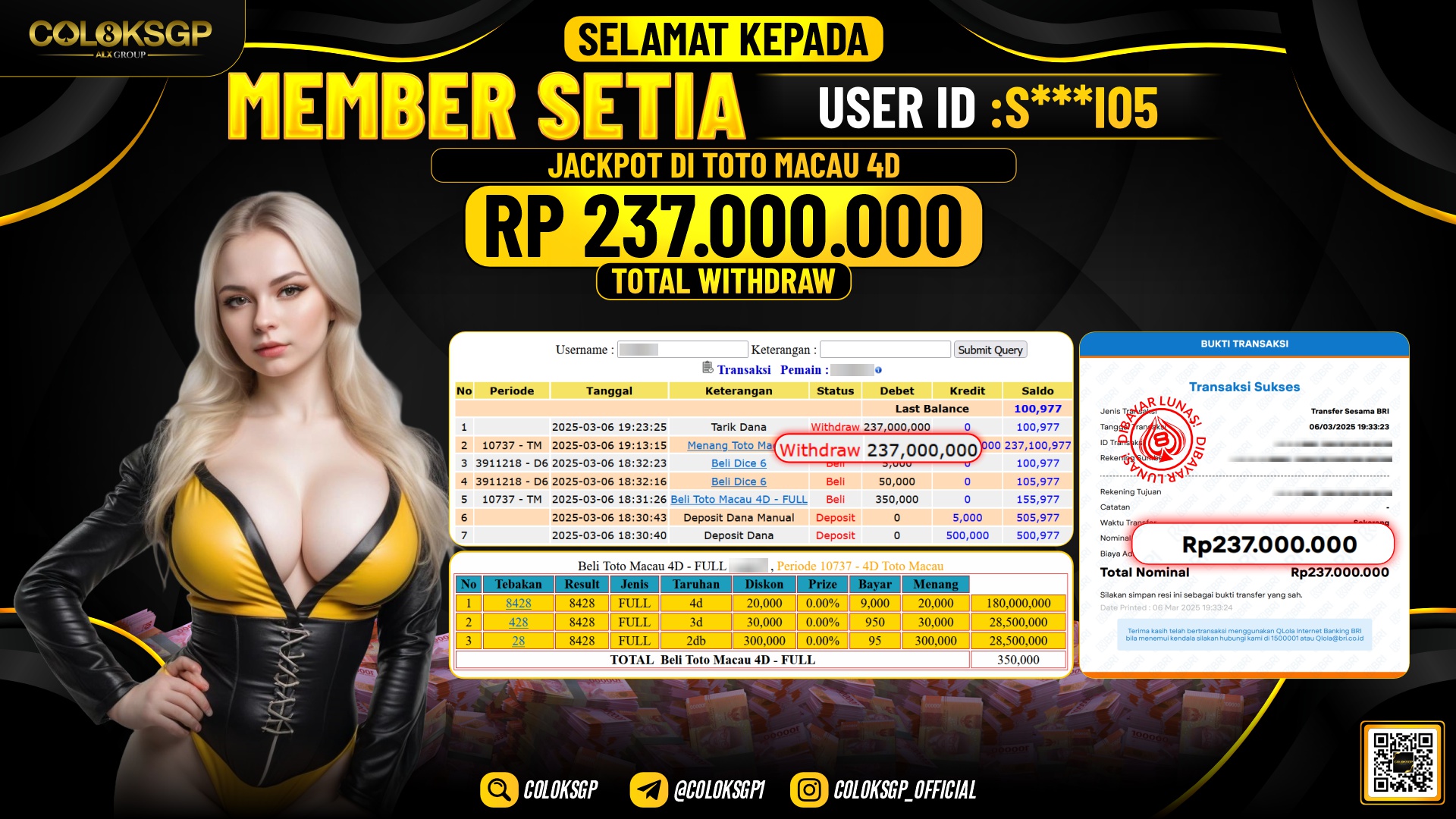 COLOKSGP JACKPOT TOTO MACAU POOLS RP 237.000.000 LUNAS
