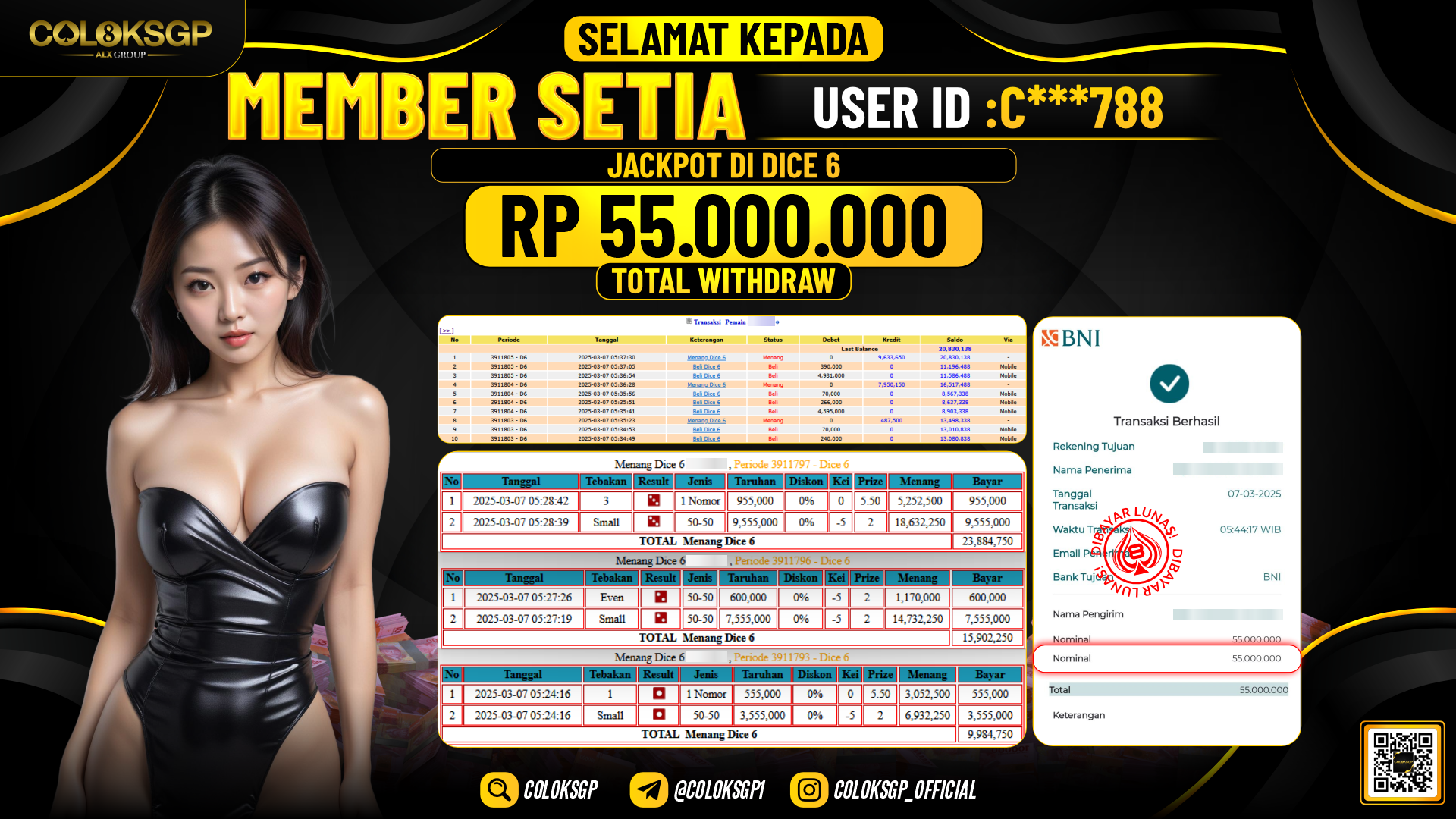 COLOKSGP JACKPOT DICE6 RP 55.000.000 LUNAS