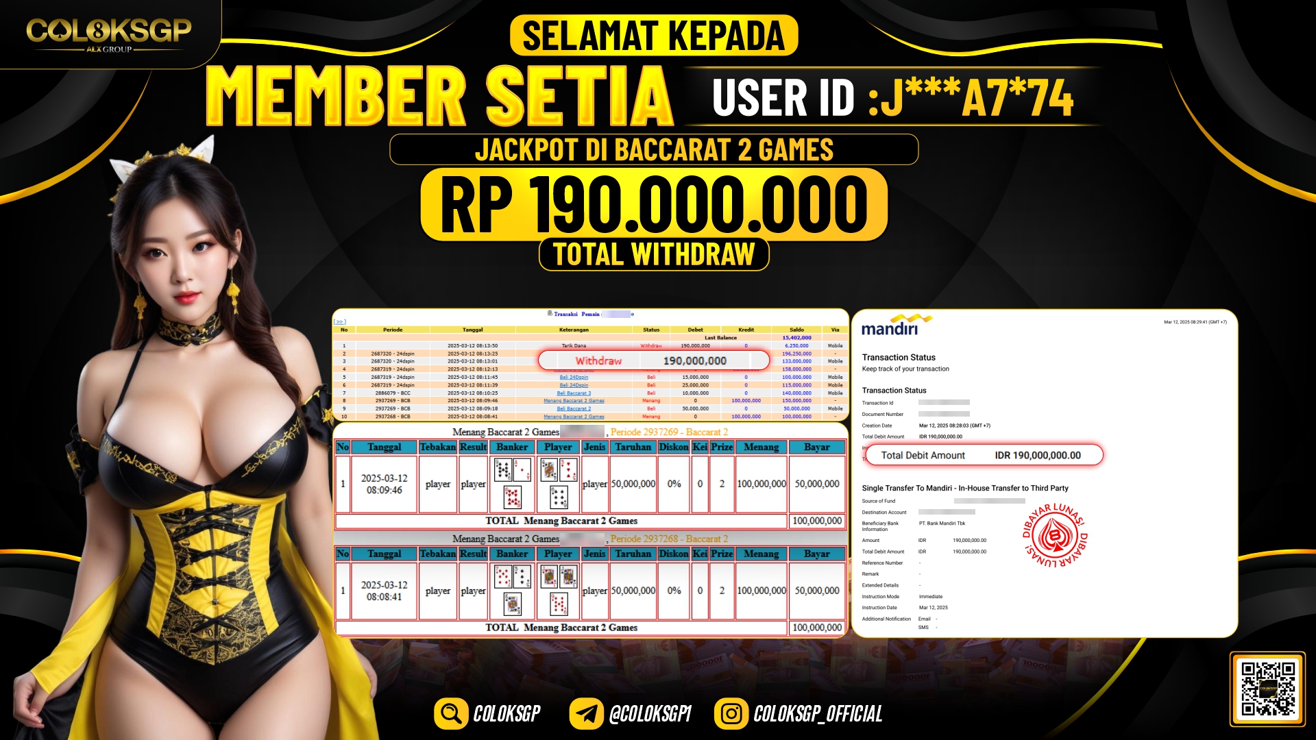 COLOKSGP JACKPOT BACCARAT RP 190.000.000 LUNAS