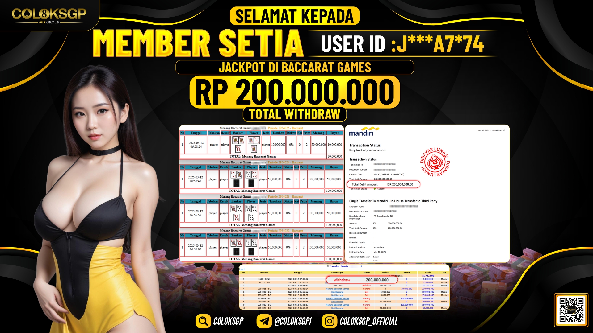 COLOKSGP JACKPOT BACCARAT RP 200.000.000 LUNAS