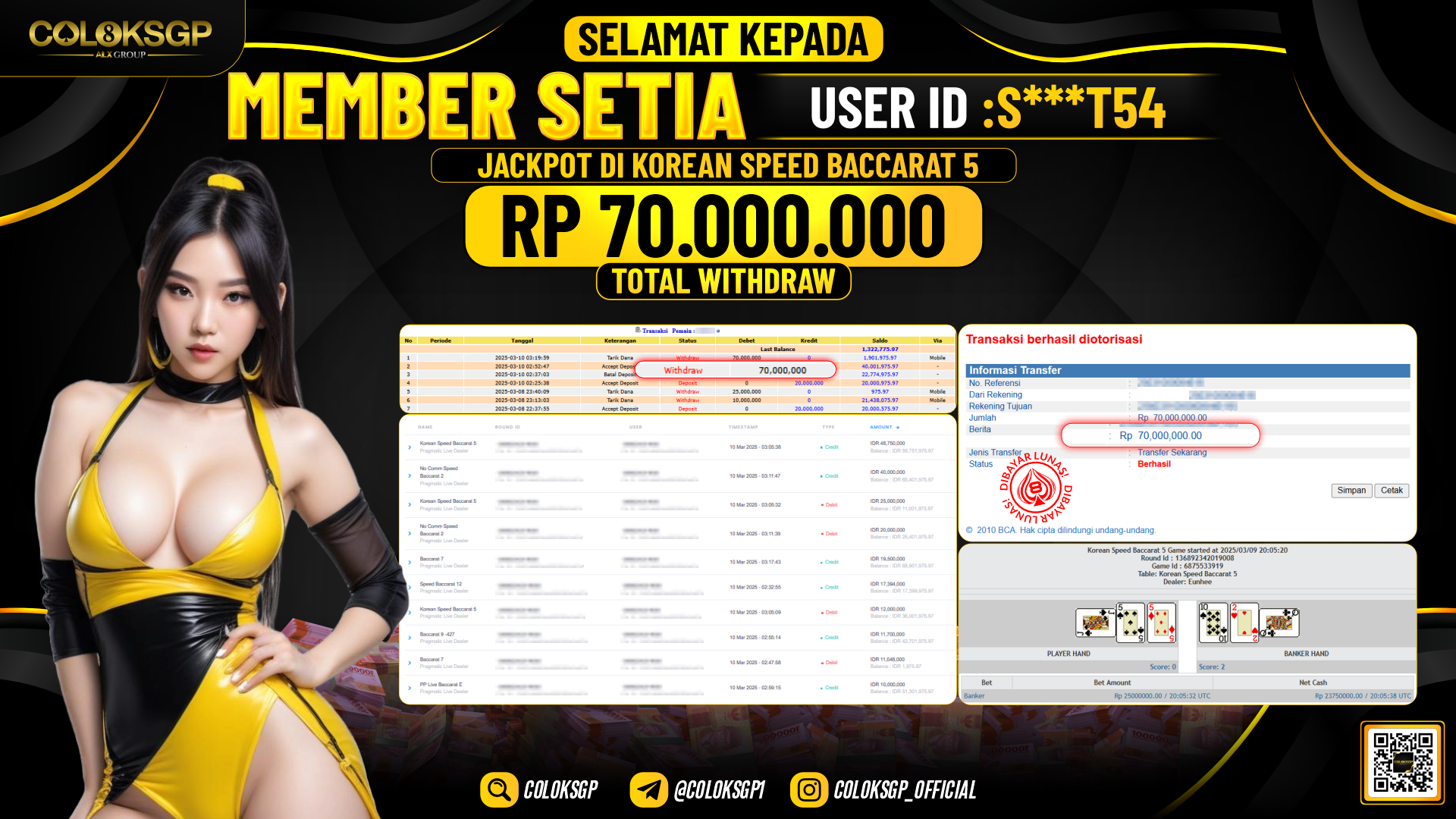 COLOKSGP JACKPOT BACCARAT RP 70.000.000 LUNAS