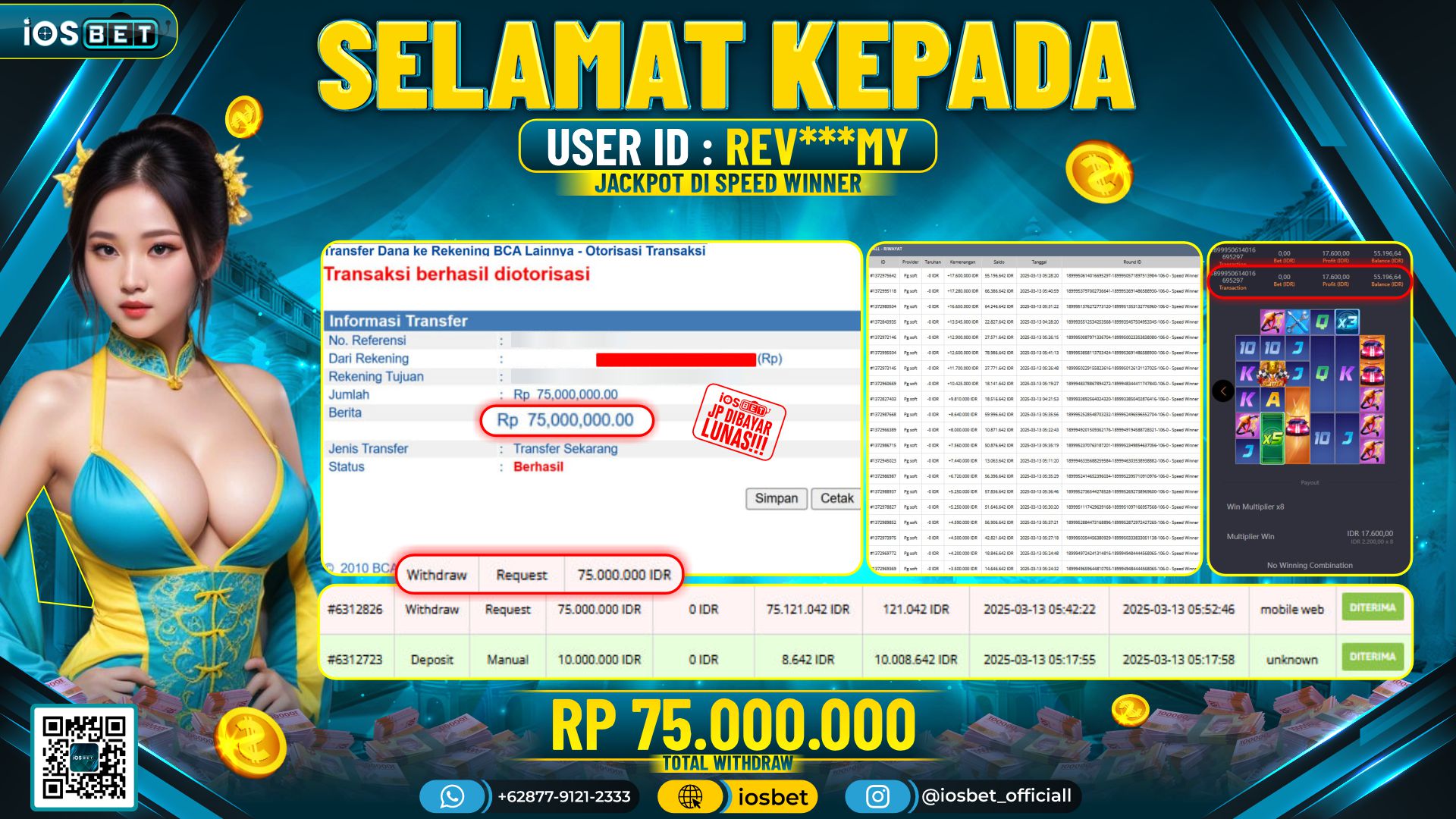Bukti Pembayaran LUNAS SLOT GAME GACOR  Rp.75.000.000