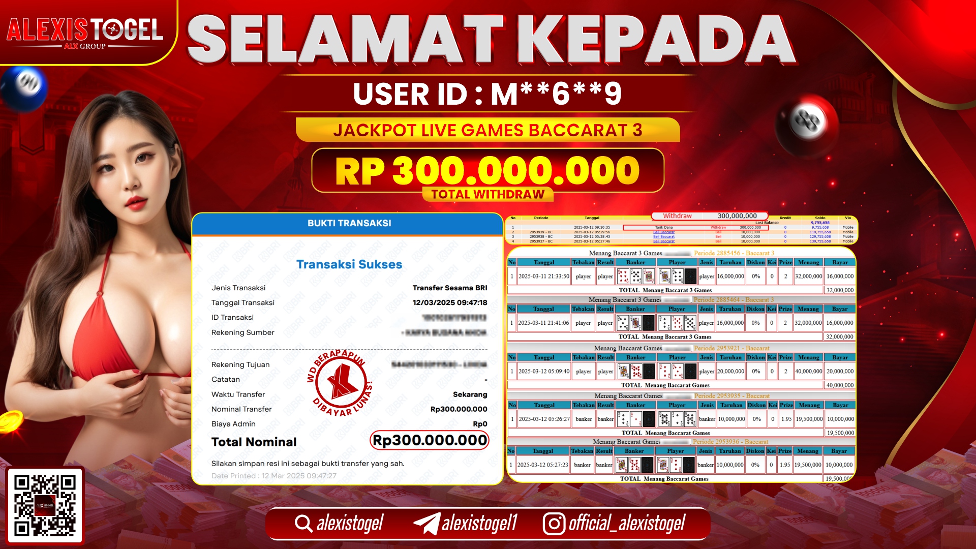 ALEXISTOGEL di LIVE GAMES BACCARAT 3 RP.300.000.000 LUNAS