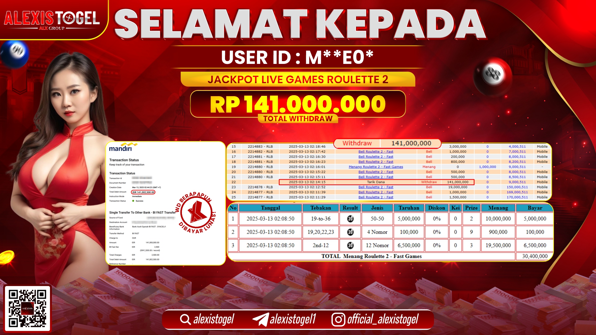 ALEXISTOGEL di LIVE GAMES ROULETTE 2 RP.141.000.000 LUNAS