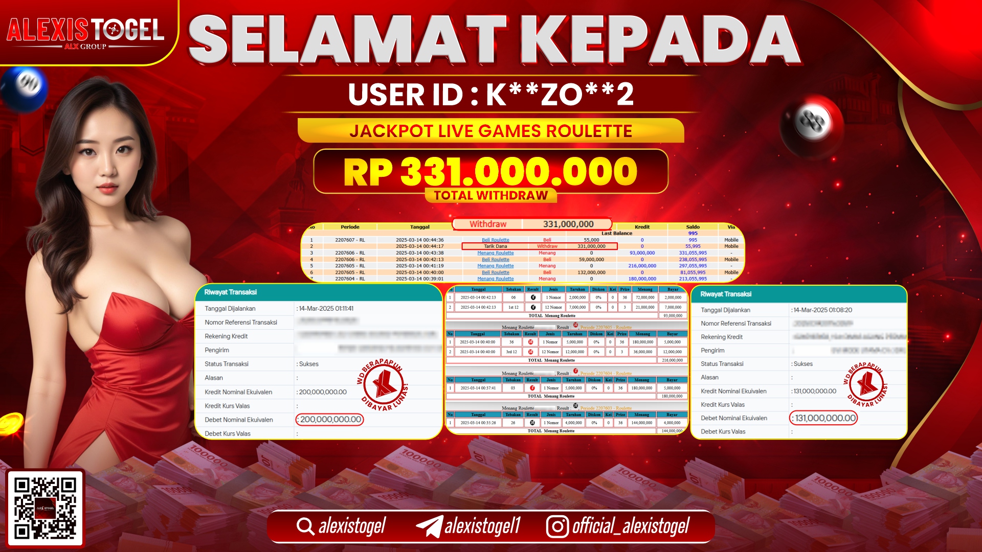 ALEXISTOGEL di LIVE GAMES ROULETTE RP.331.000.000 LUNAS