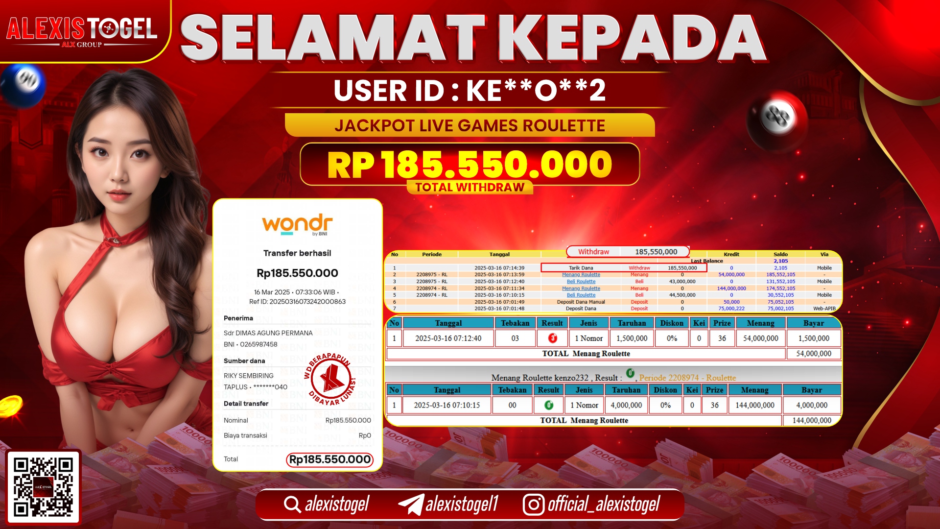 ALEXISTOGEL di LIVE GAMES ROULETTE RP.185.550.000 LUNAS