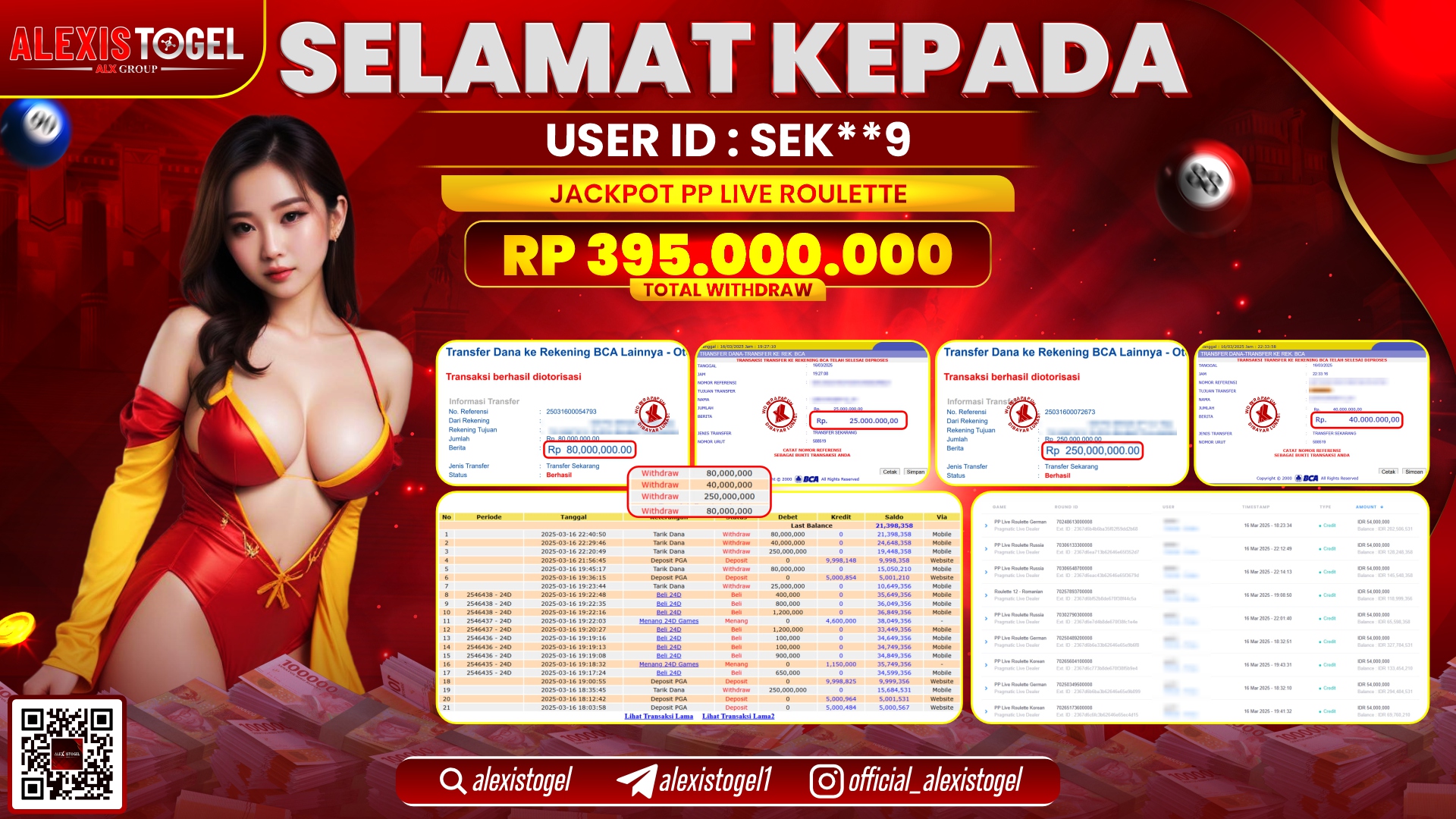 ALEXISTOGEL di PP LIVE ROULETTE RP.395.000.000 LUNAS