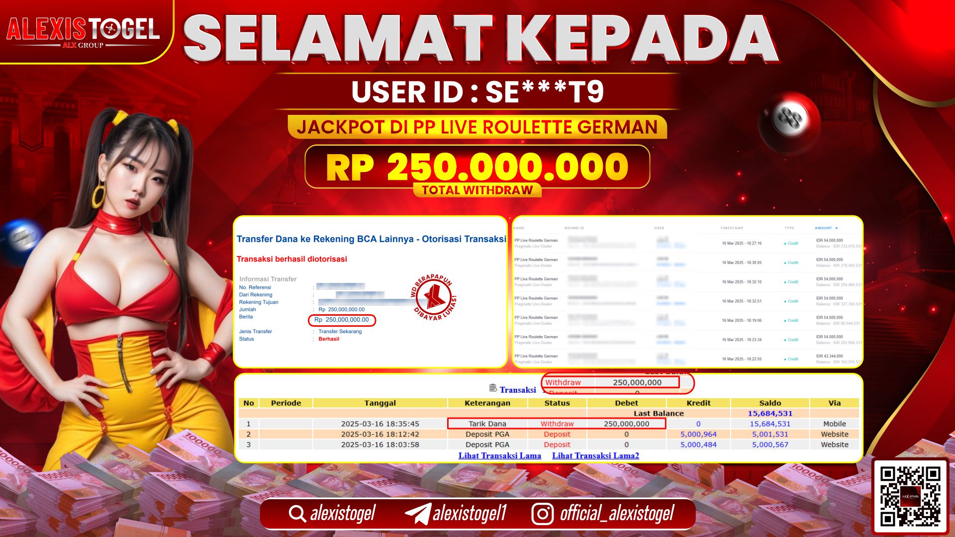 ALEXISTOGEL di PP LIVE ROULETTE RP.250.000.000 LUNAS