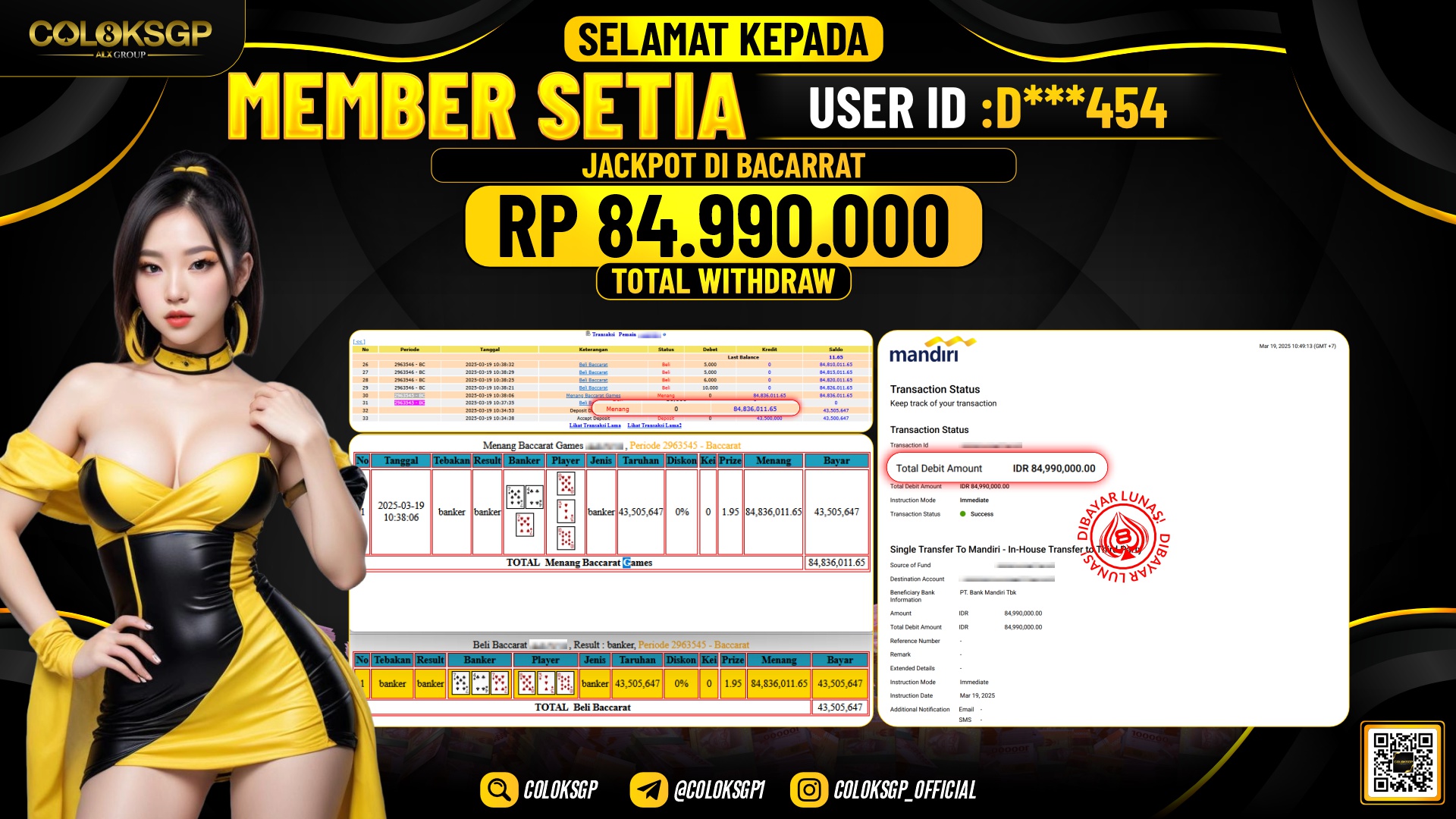 COLOKSGP JACKPOT BACCARAT RP 84.990.000 LUNAS