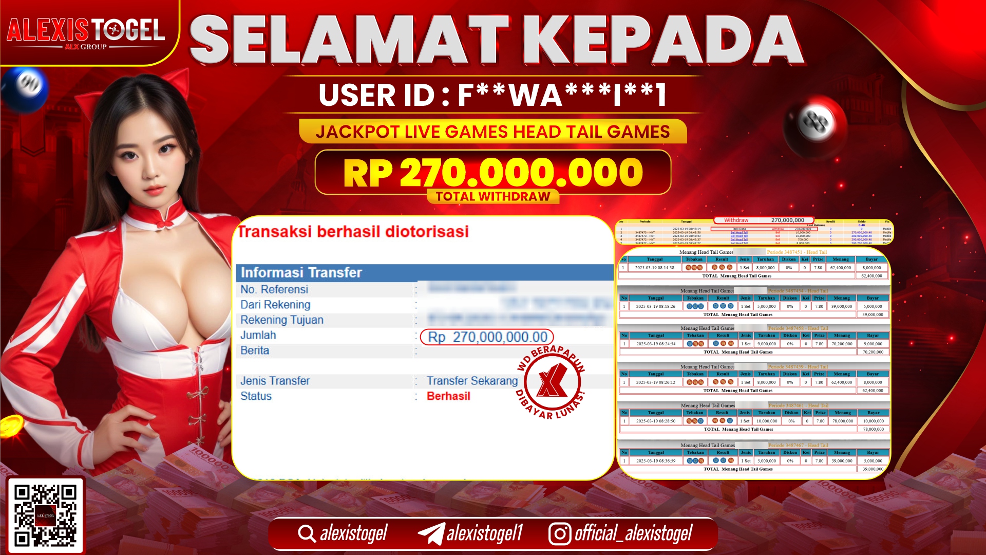 ALEXISTOGEL di LIVE GAMES HEAD TAIL RP.270.000.000 LUNAS