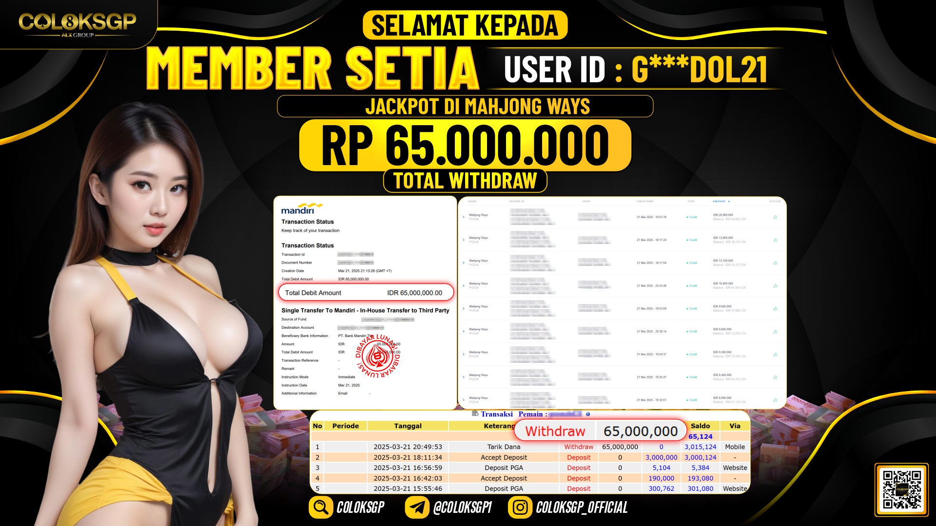 COLOKSGP JACKPOT SLOT GAMES RP 65.000.000 LUNAS