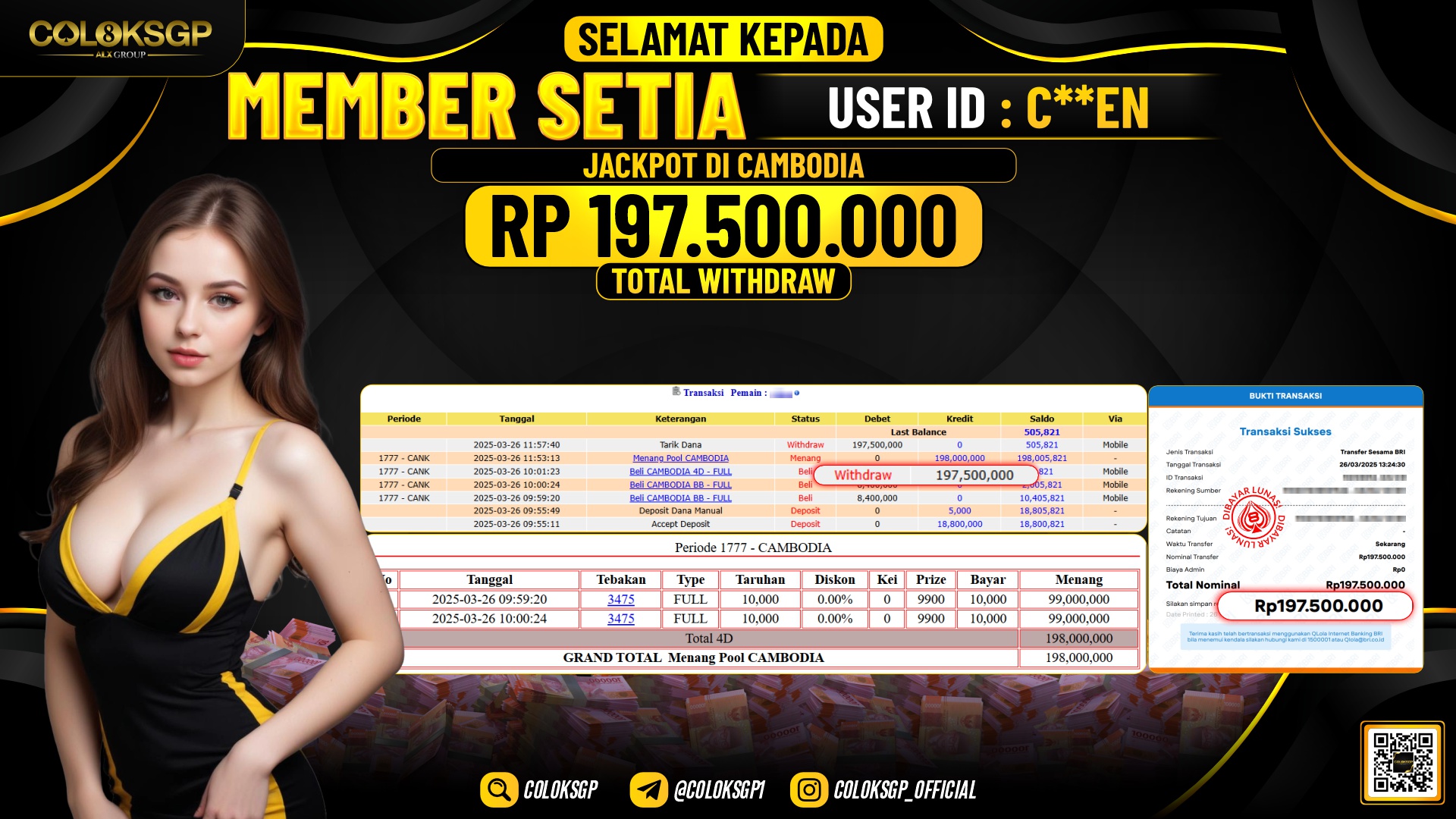 COLOKSGP JACKPOT CAMBODIA POOLS RP 197.500.000 LUNAS