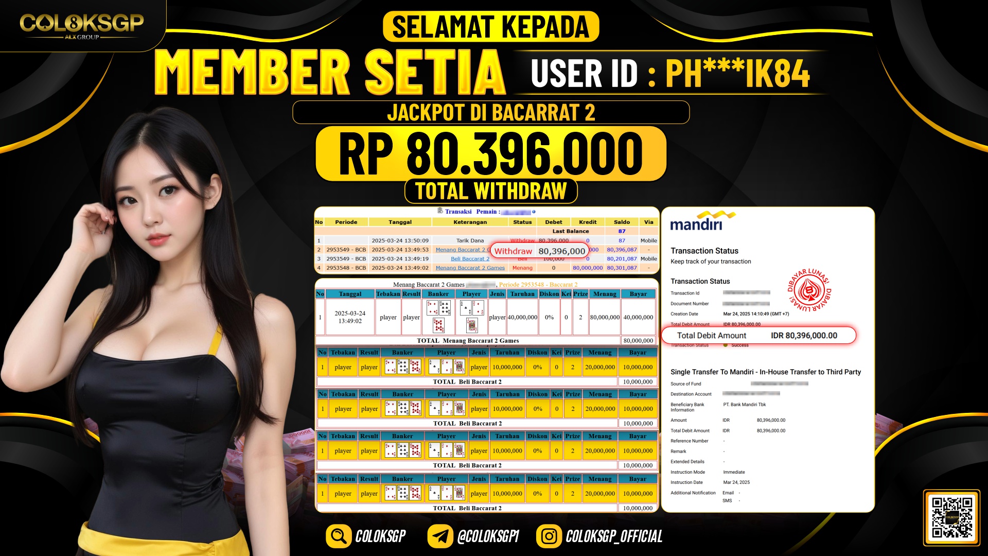 COLOKSGP JACKPOT BACARRAT RP 80.396.000 LUNAS