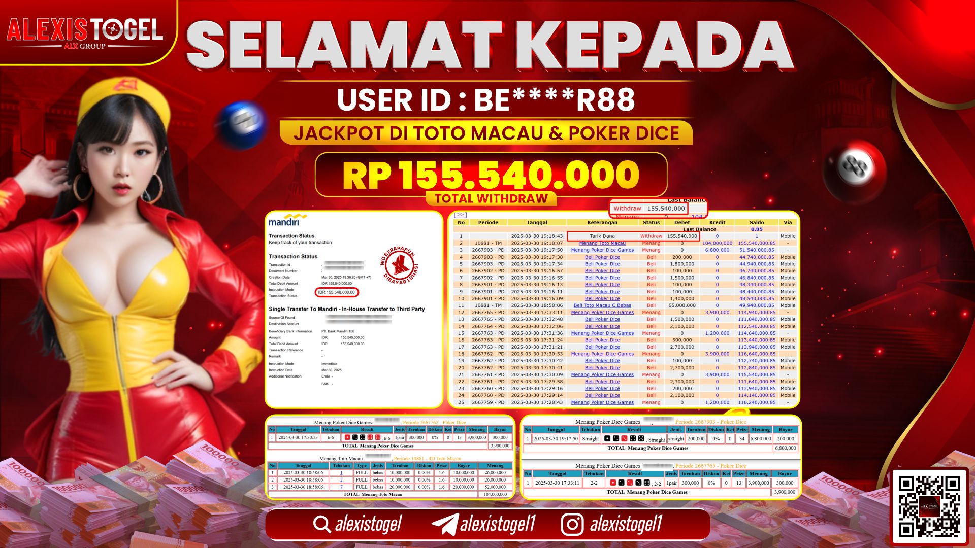 ALEXISTOGEL di TOGEL TOTOMACAU & POKER DICE RP.155.540.000 LUNAS