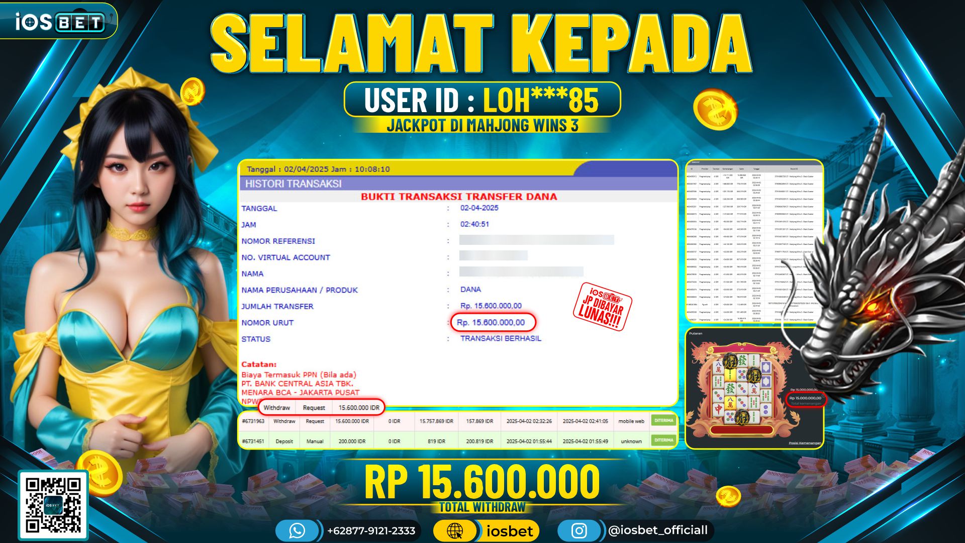 Bukti Pembayaran LUNAS SLOT GAME GACOR  Rp.15.600.000