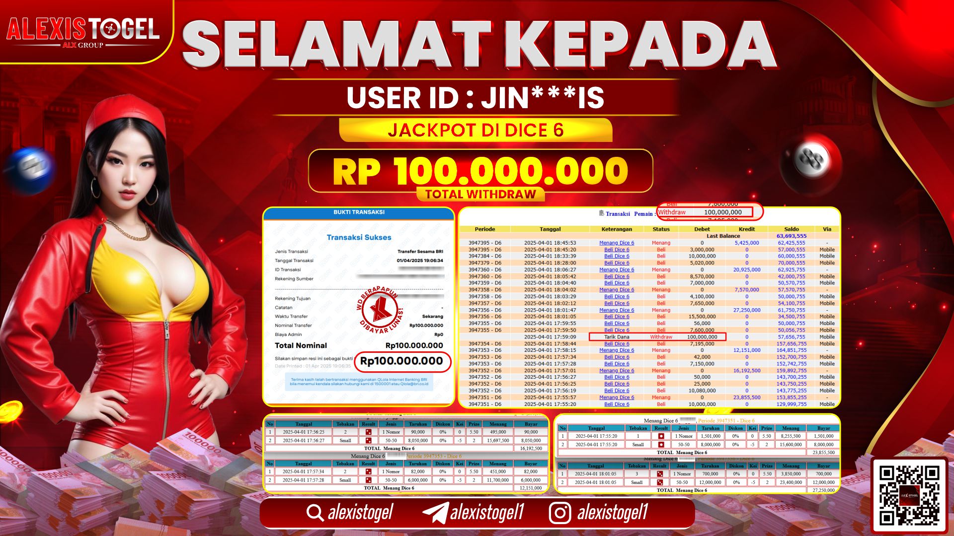 ALEXISTOGEL di CASINO DICE 6 RP.100.000.000 LUNAS