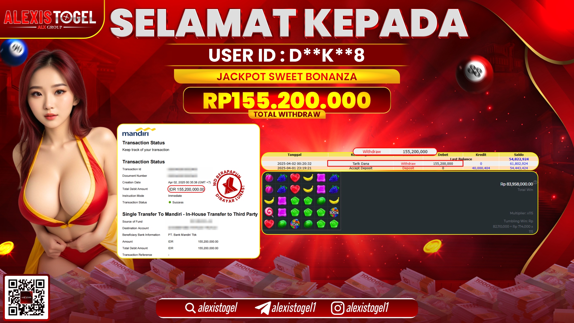 ALEXISTOGEL di SLOT SWEET BONANZA RP.155.200.000 LUNAS