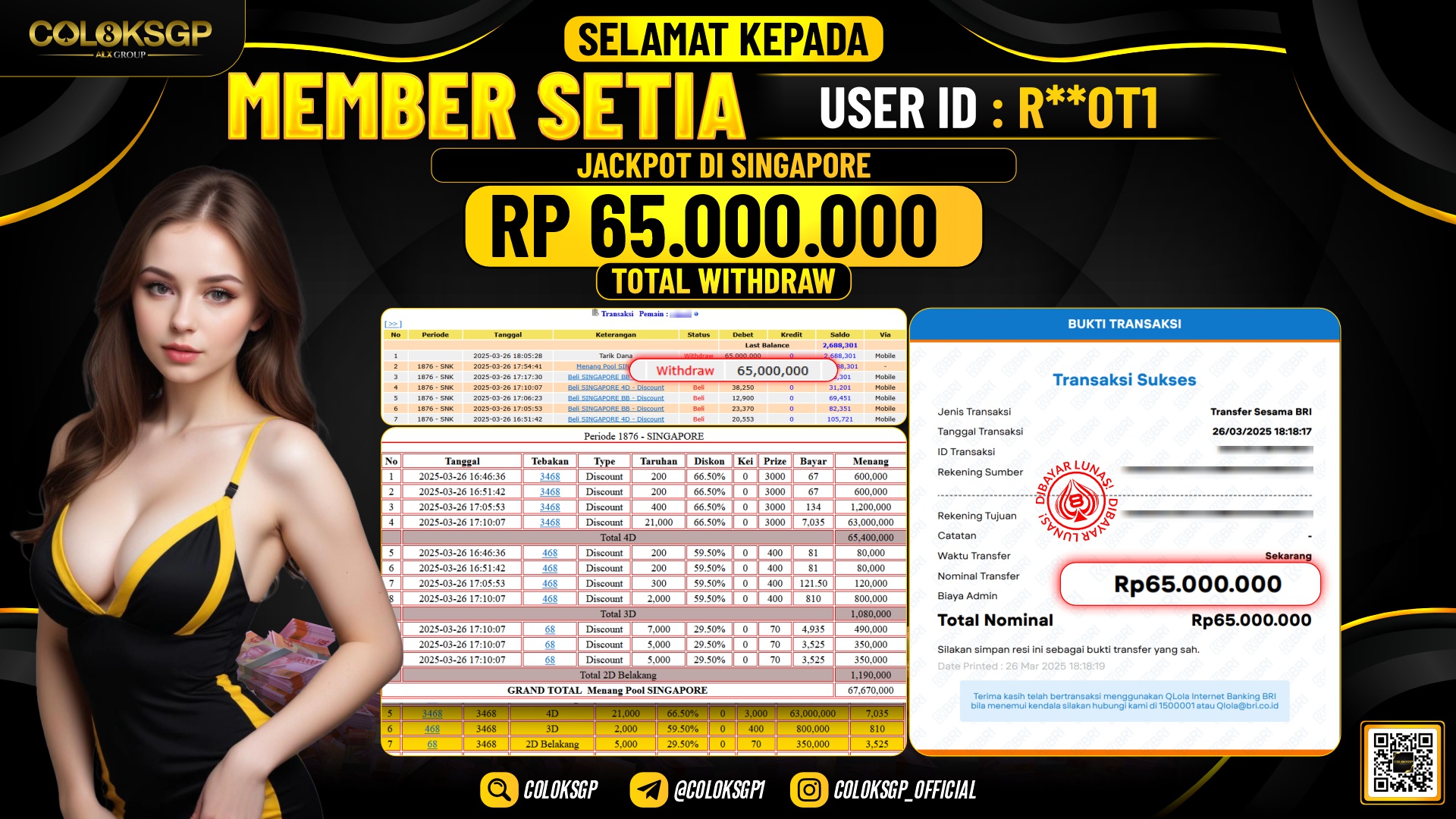 COLOKSGP JACKPOT SINGAPORE RP 65.000.000 LUNAS