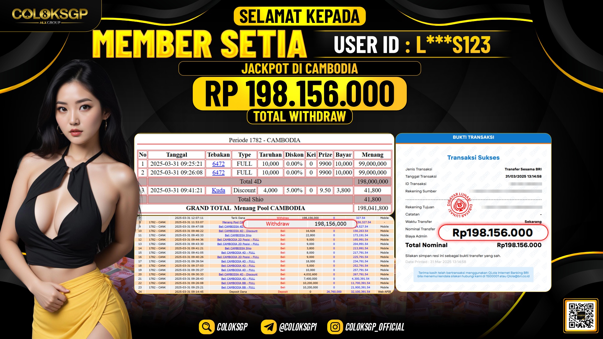 COLOKSGP JACKPOT CAMBODIA POOLS RP 198.156.000 LUNAS