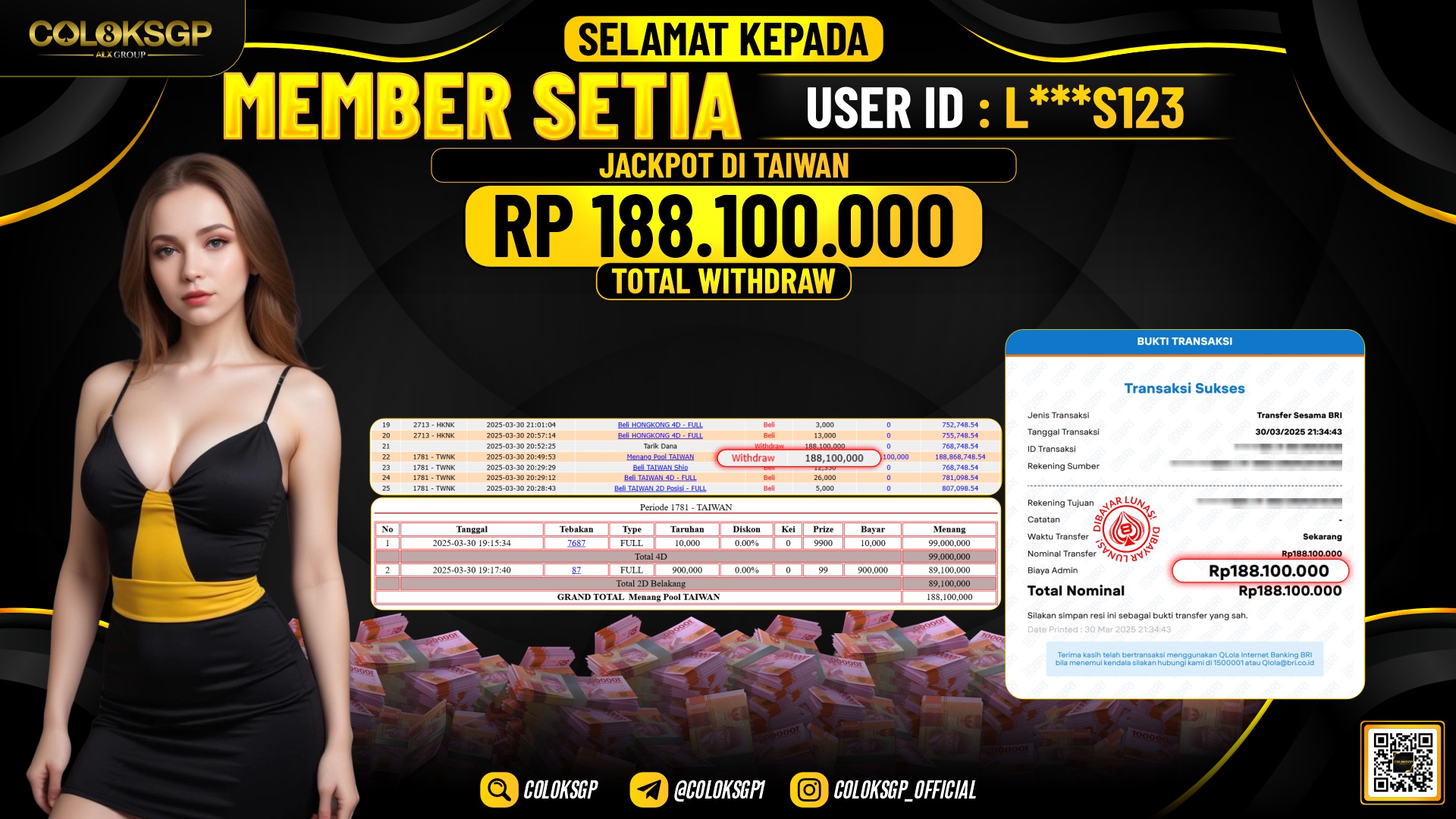 COLOKSGP JACKPOT TAIWAN POOLS RP 188.100.000 LUNAS