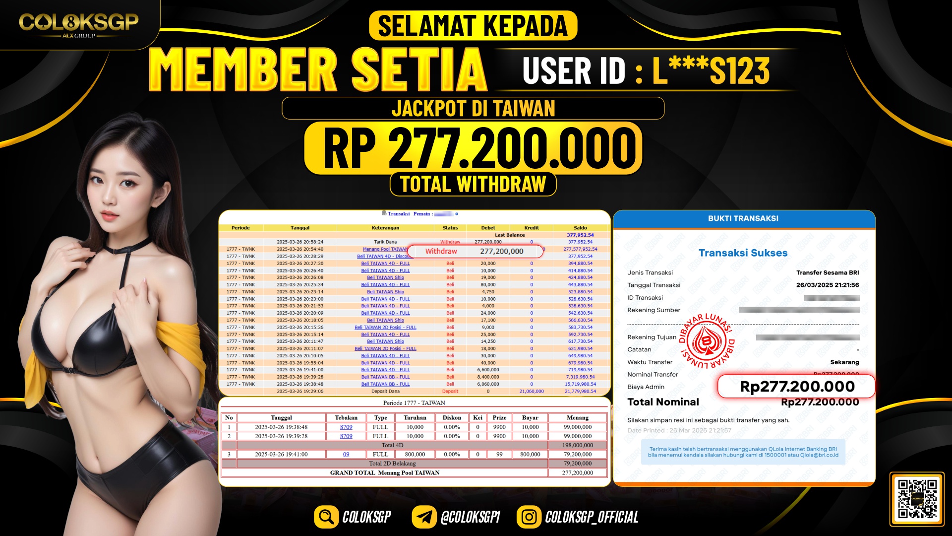 COLOKSGP JACKPOT TAIWAN POOLS RP 277.200.000 LUNAS