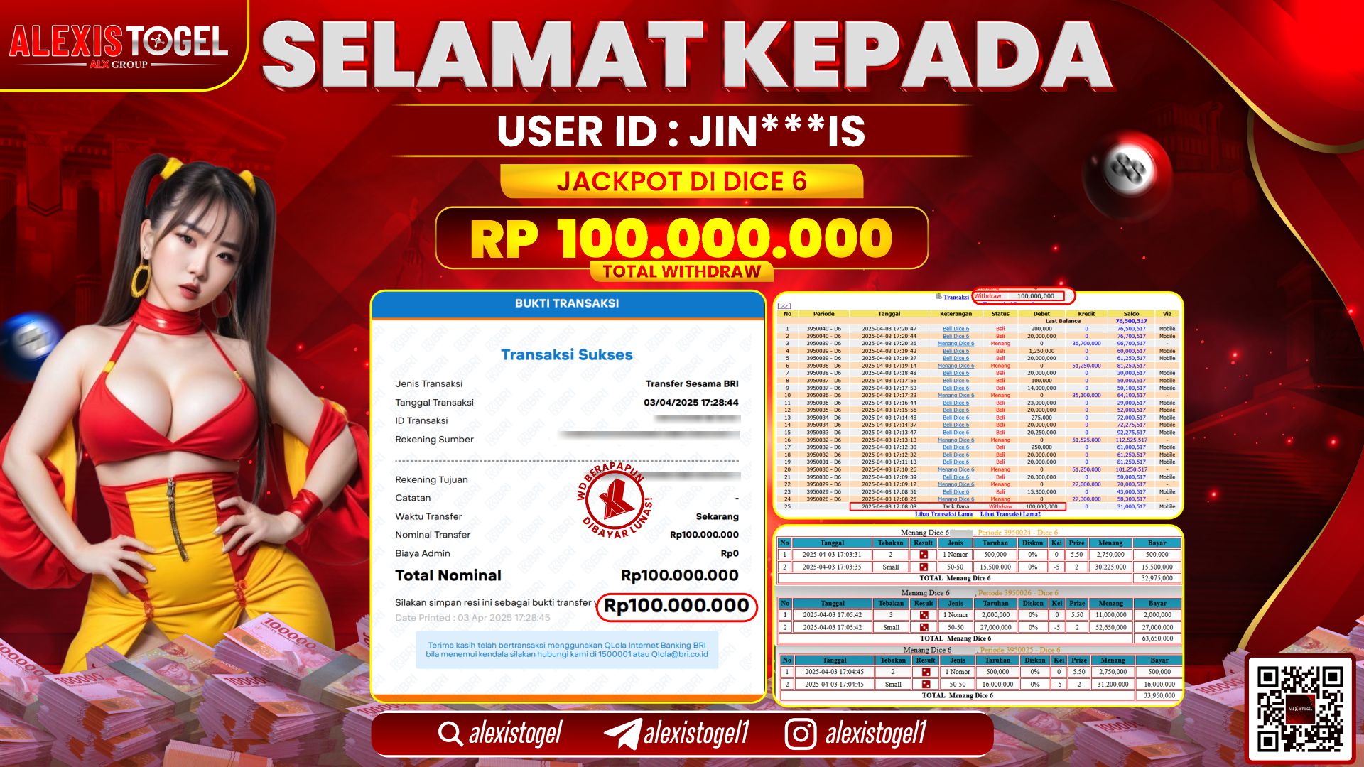 ALEXISTOGEL di CASINO DICE 6 RP.100.000.000 LUNAS