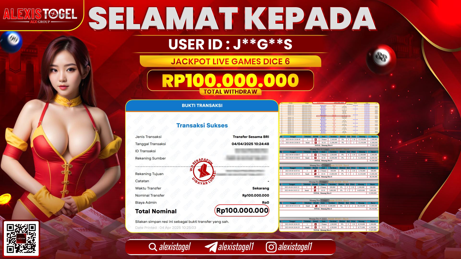 ALEXISTOGEL di LIVE GAMES DICE 6 RP.100.000.000 LUNAS