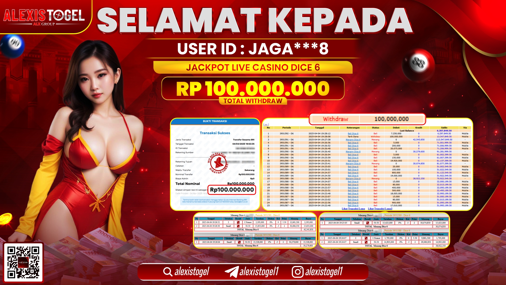 ALEXISTOGEL di LIVE CASINO DICE 6 RP.100.000.000 LUNAS