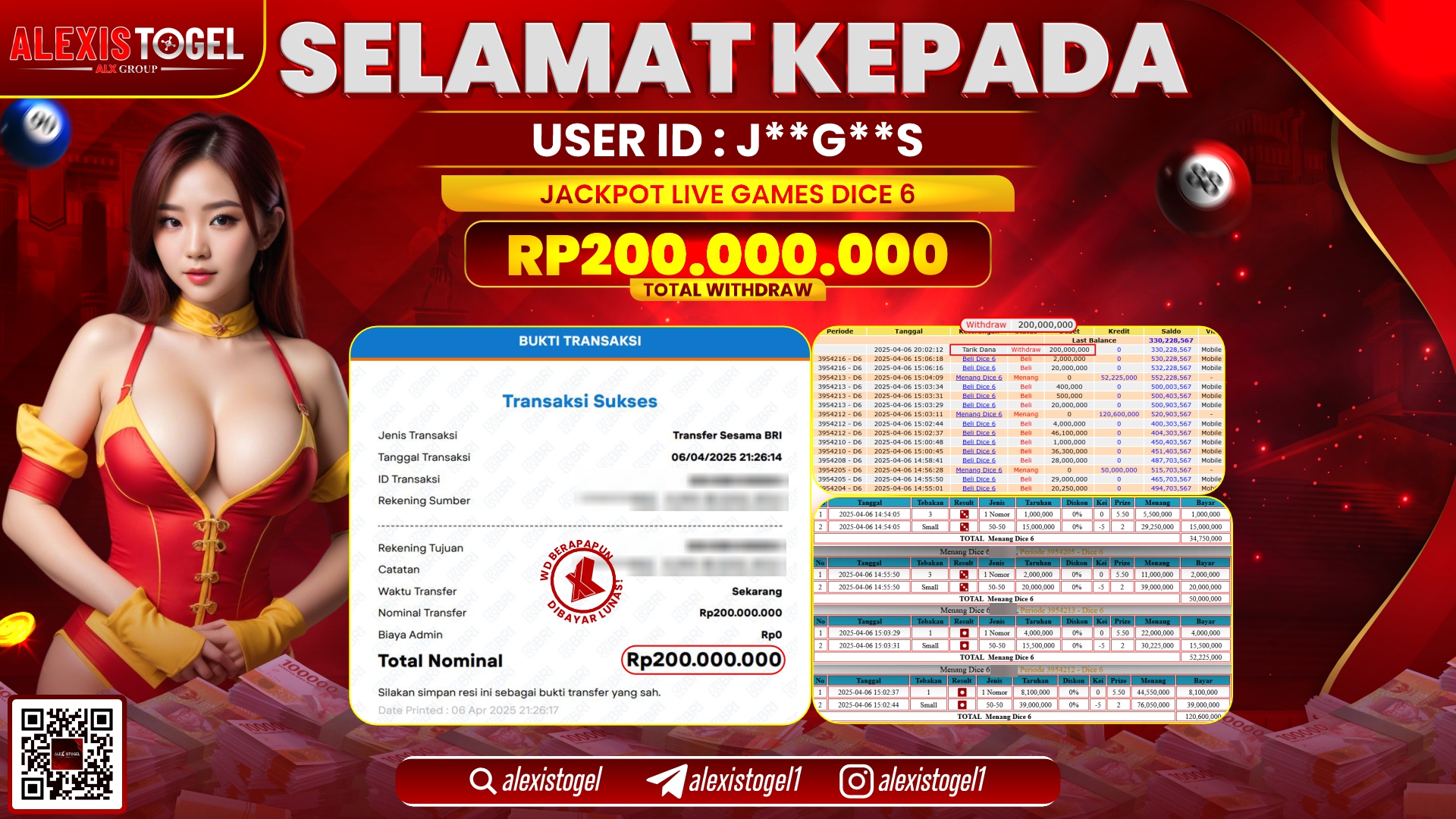 ALEXISTOGEL di LIVE GAMES DICE 6 RP.200.000.000 LUNAS