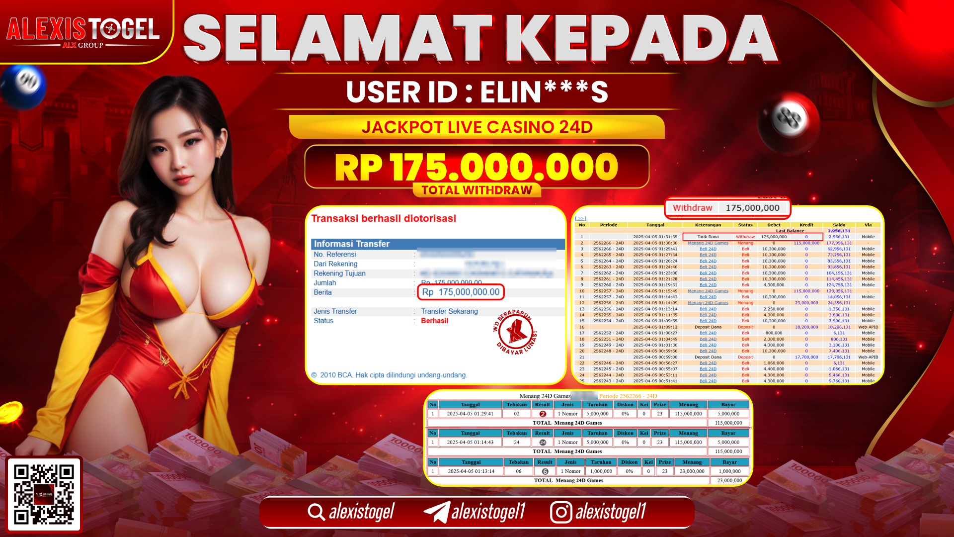 ALEXISTOGEL di LIVE CASINO 24D RP.175.000.000 LUNAS