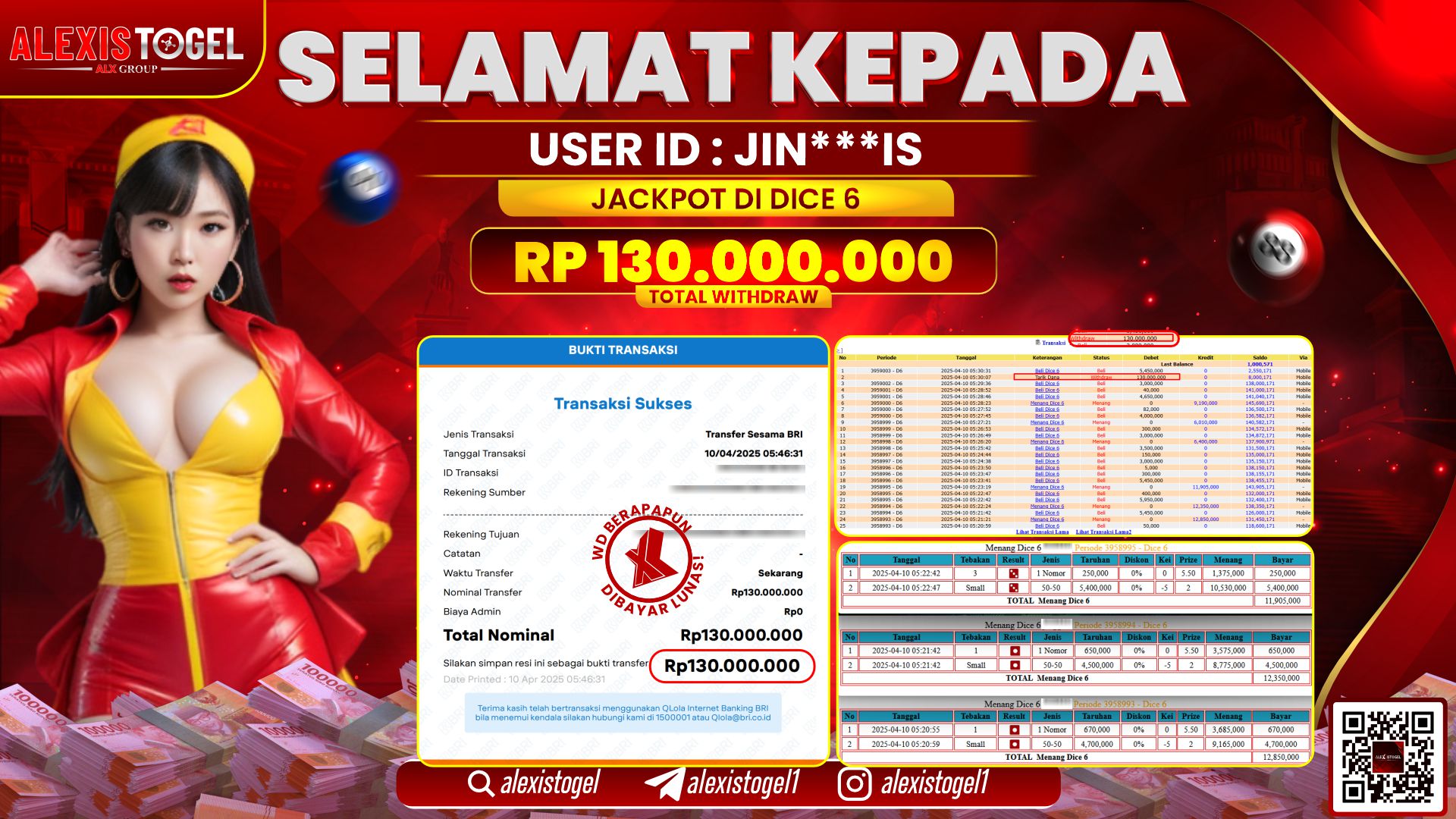 ALEXISTOGEL di CASINO DICE 6 RP.130.000.000 LUNAS