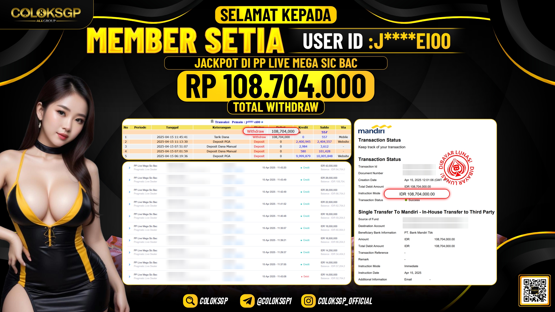 COLOKSGP JACKPOT PP LIVE MEGA SIC BAC RP 108.704.000 LUNAS