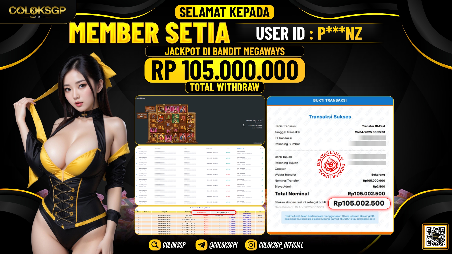 COLOKSGP JACKPOT SLOT GAMES RP 105.000.000 LUNAS