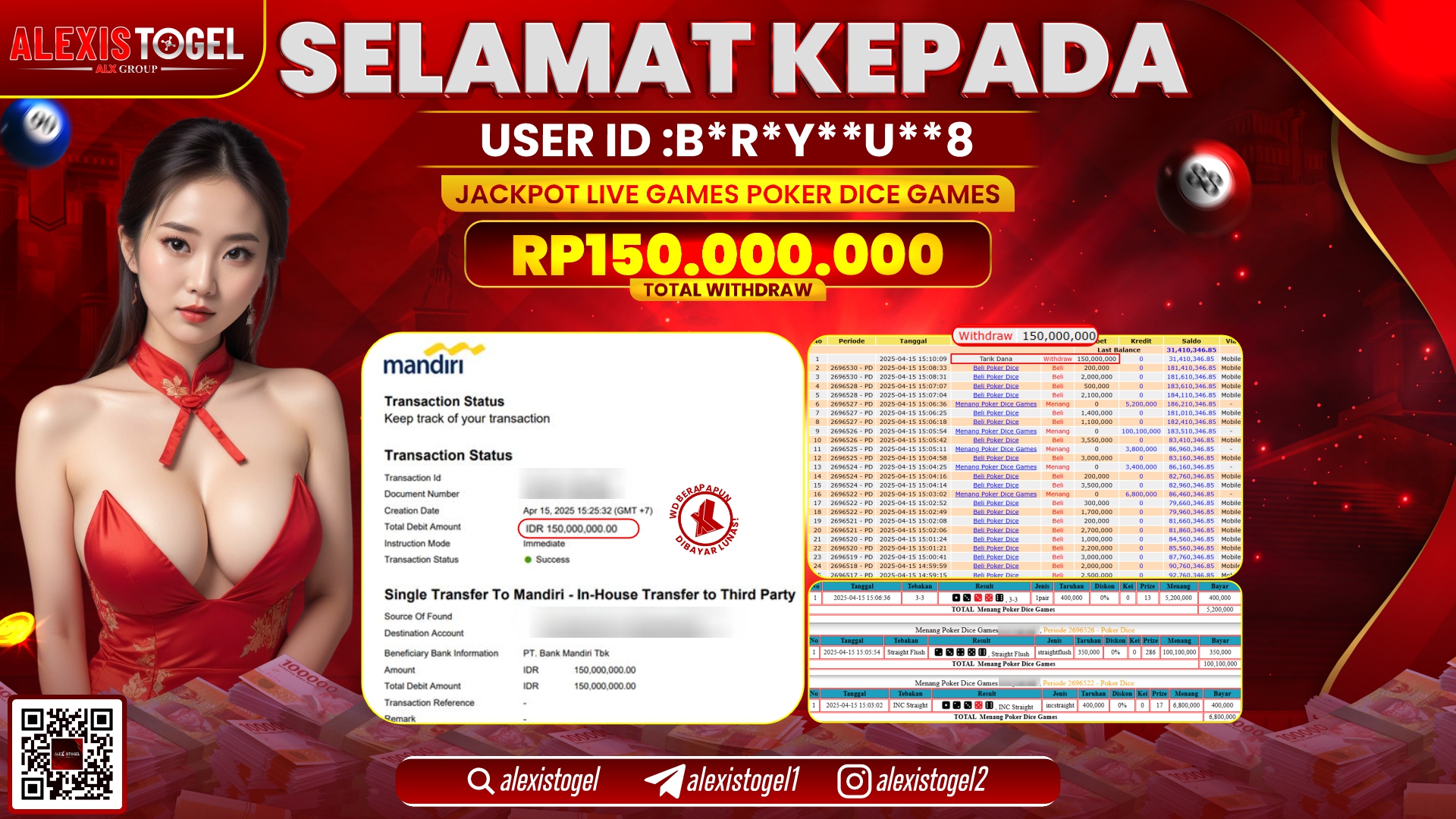 ALEXISTOGEL di LIVE GAMES POKER DICE RP.150.000.000 LUNAS