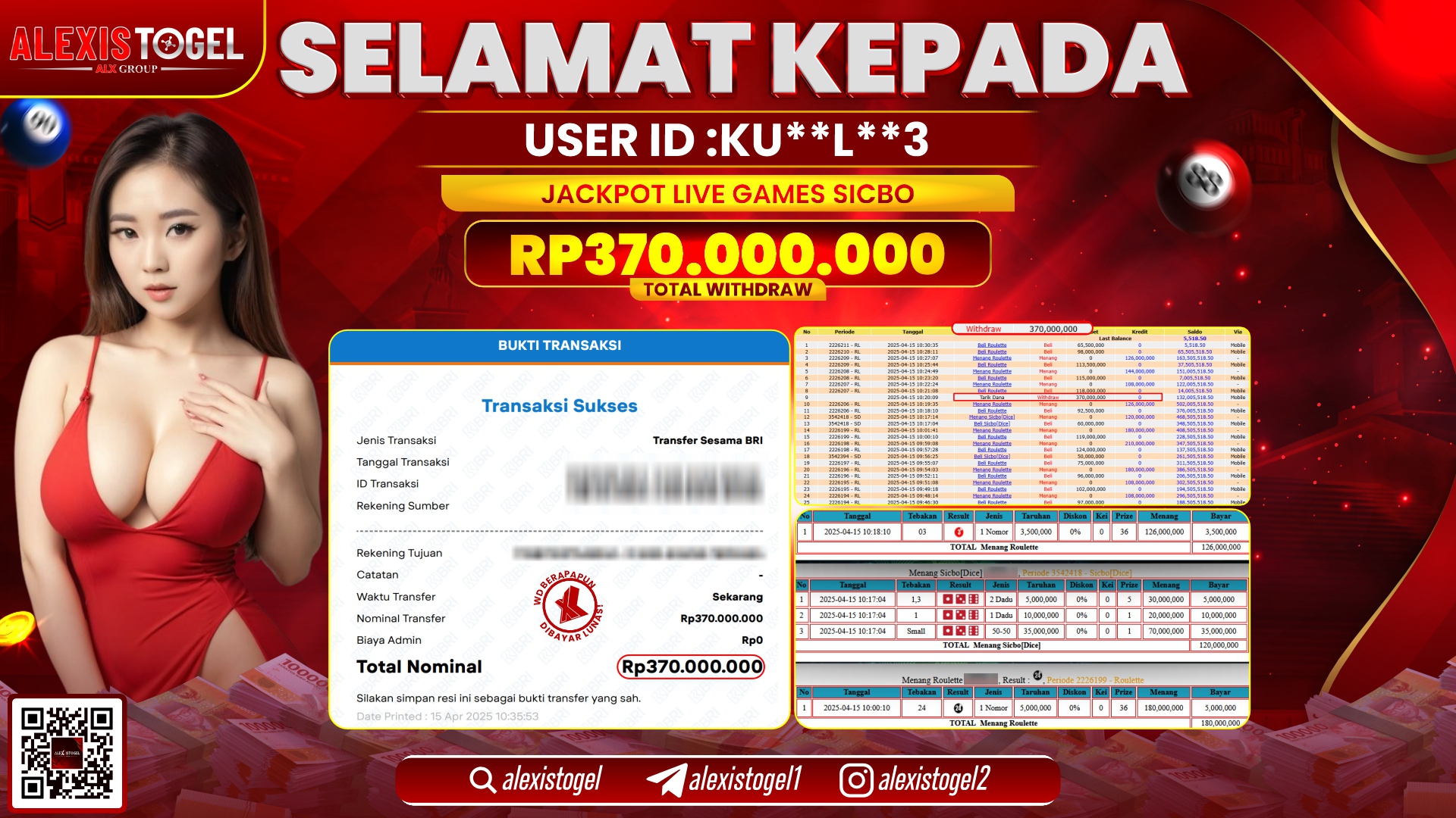 ALEXISTOGEL di LIVE GAMES SICBO RP.370.000.000 LUNAS