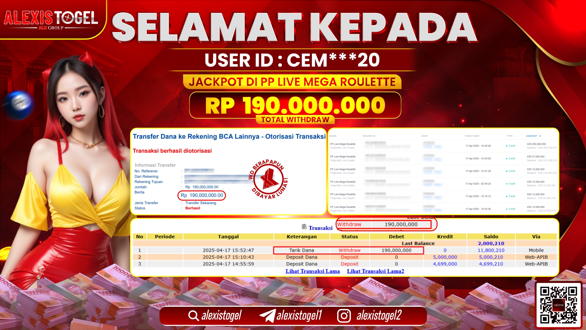 ALEXISTOGEL di PP LIVE MEGA ROULETTE RP.190.000.000 LUNAS