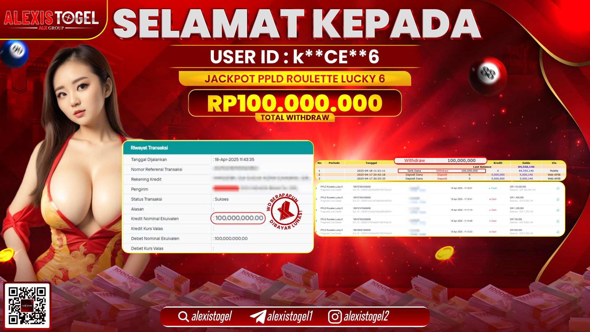 ALEXISTOGEL di PPLD ROULETTE LUCKY 6 RP.100.000.000 LUNAS