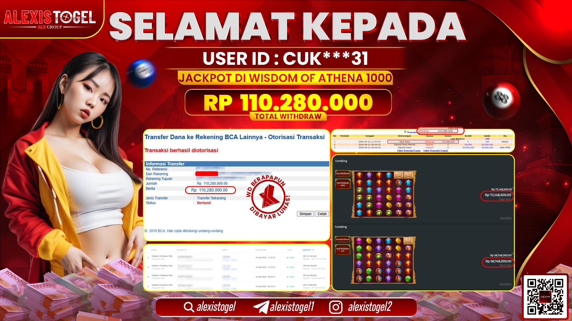 ALEXISTOGEL di SLOT WISDOM OF ATHENA RP.110.280.000 LUNAS