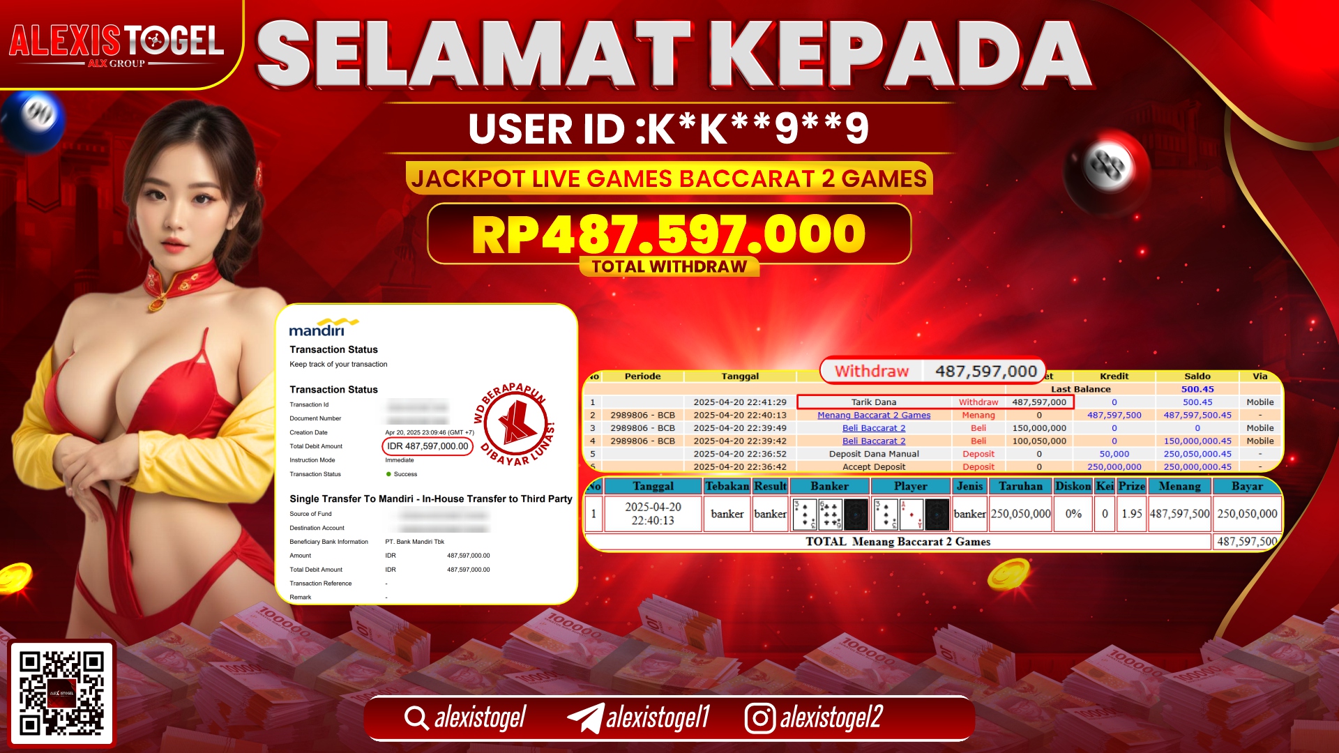 ALEXISTOGEL di LIVE GAMES BACCARAT 2 RP.487.597.000 LUNAS