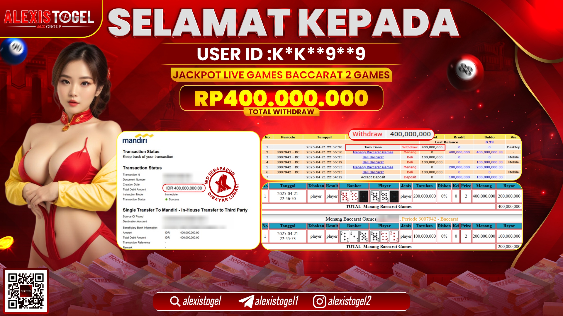 ALEXISTOGEL di LIVE GAMES BACCARAT 2 RP.400.000.000 LUNAS